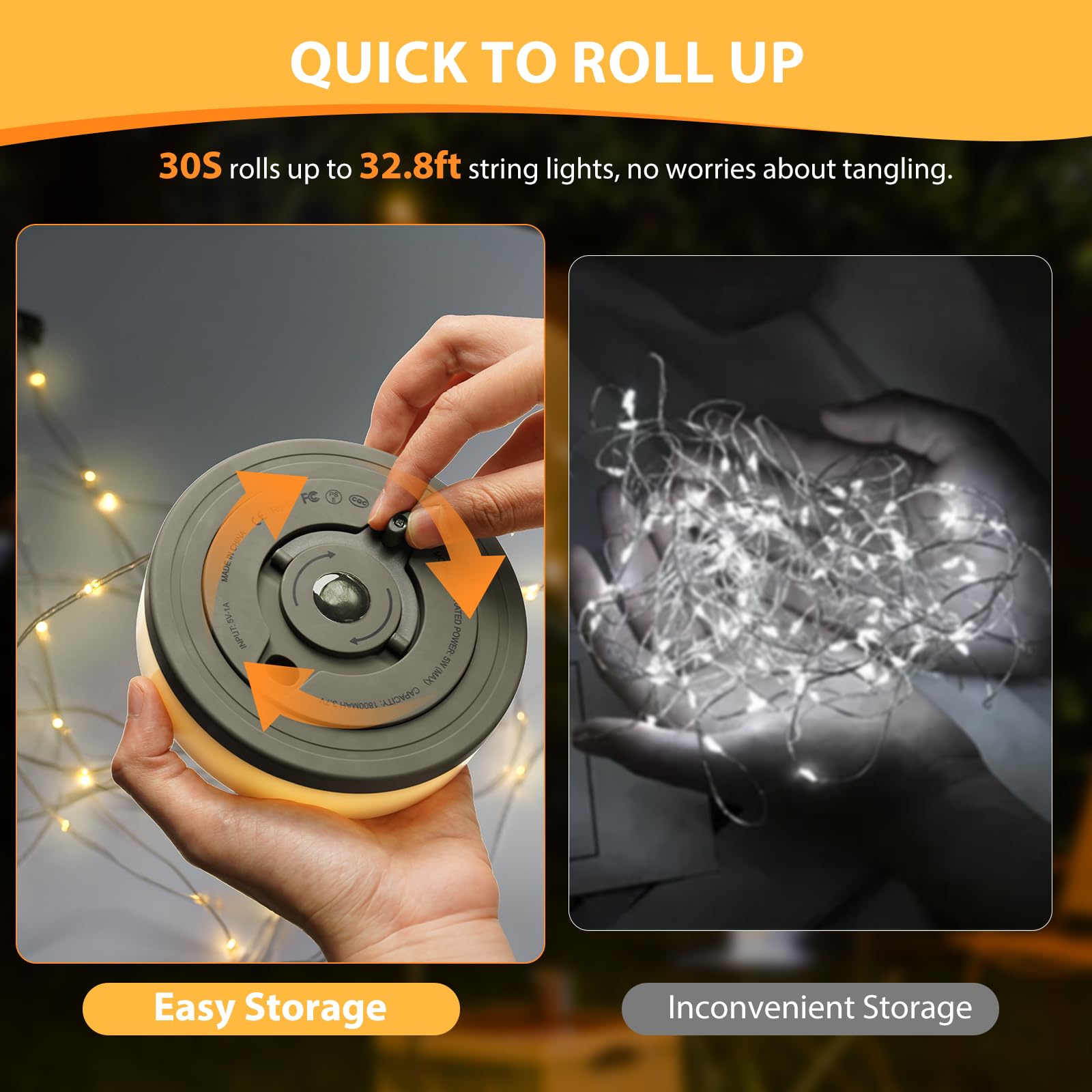 2Pack Camping String Lights, 4 in 1 Quick Storage 32.8FT Rechargeable Tent Lights with 9 Modes Hanging Waterproof Camp Lamp Camp