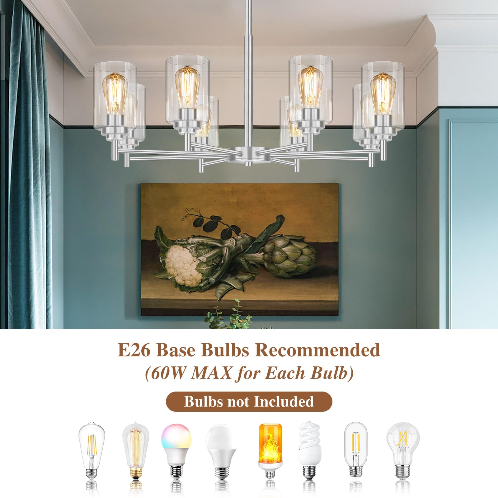 8-Light Chandelier For Dining Room Kitchen Island Modern Farmhouse Pendant Lighting With Clear Glass Shades Industrial Brushed N
