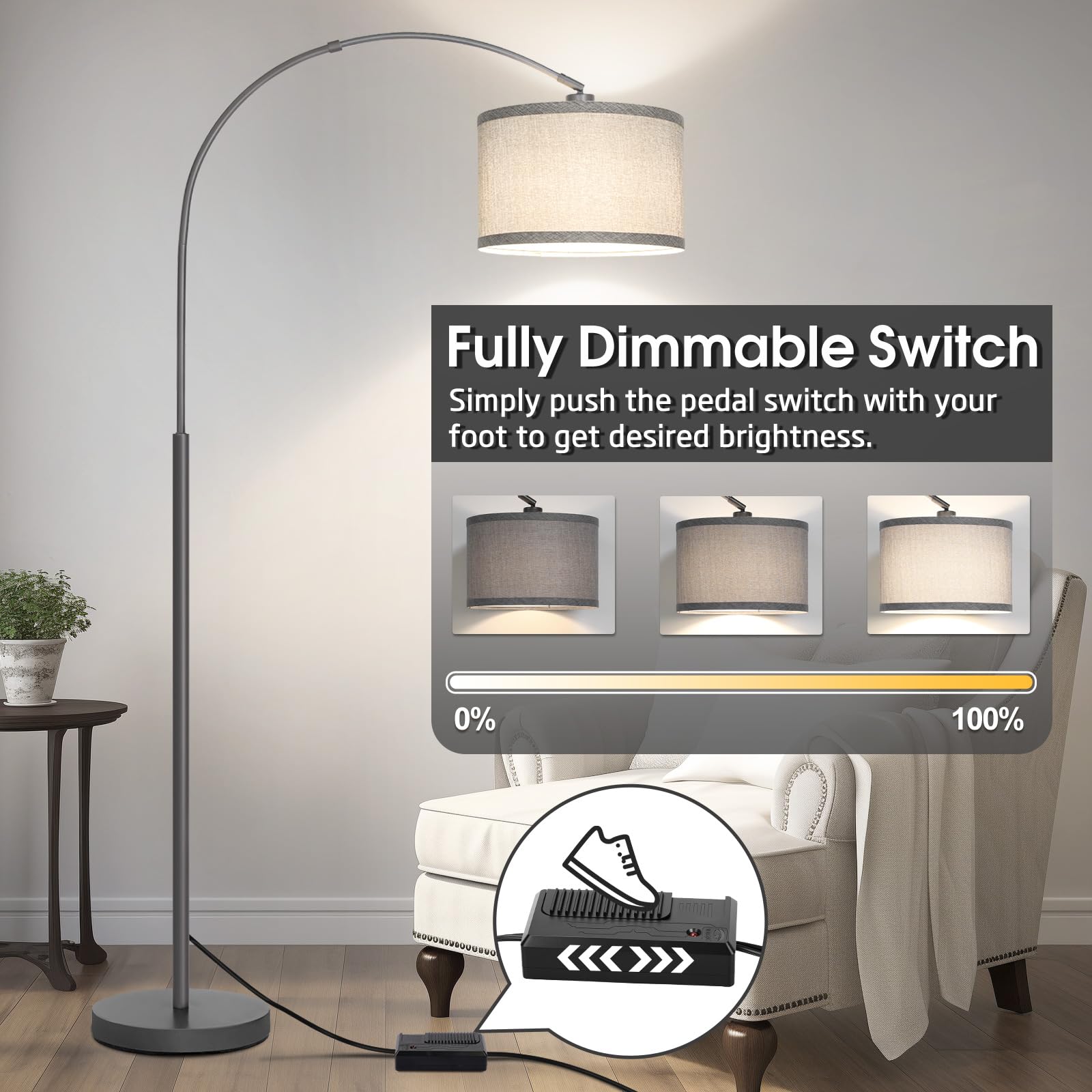 Arc Floor Lamp With Dimmer, Dimmable Floor Lamp For Living Room, Modern Standing Lamp With Gray Adjustable Hanging Shade, Tall P