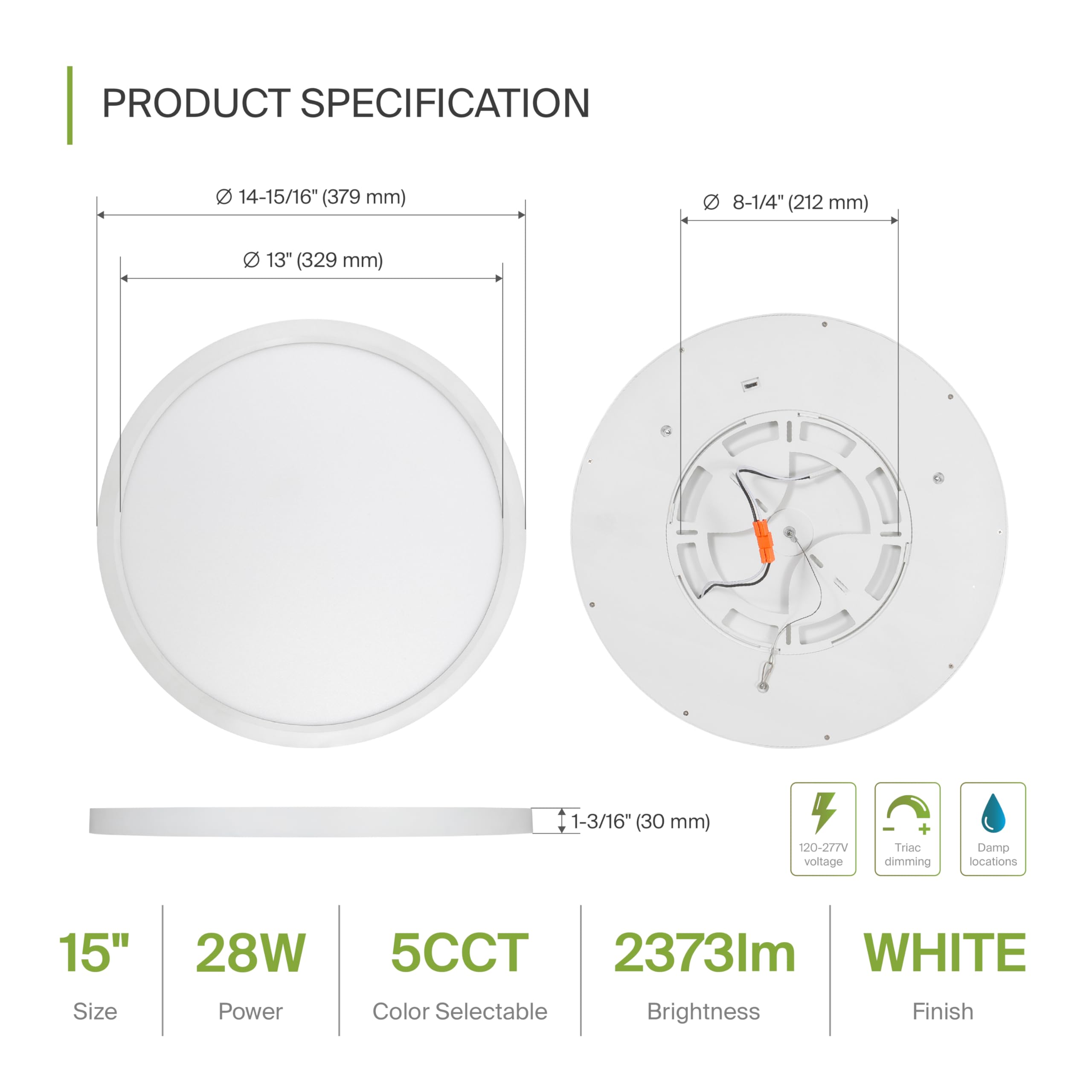 ASD LED Ceiling Light Fixture, 15in Round, 28W 2300LM, Dimmable, ETL Listed, White, Model A-MPR-15D28WH