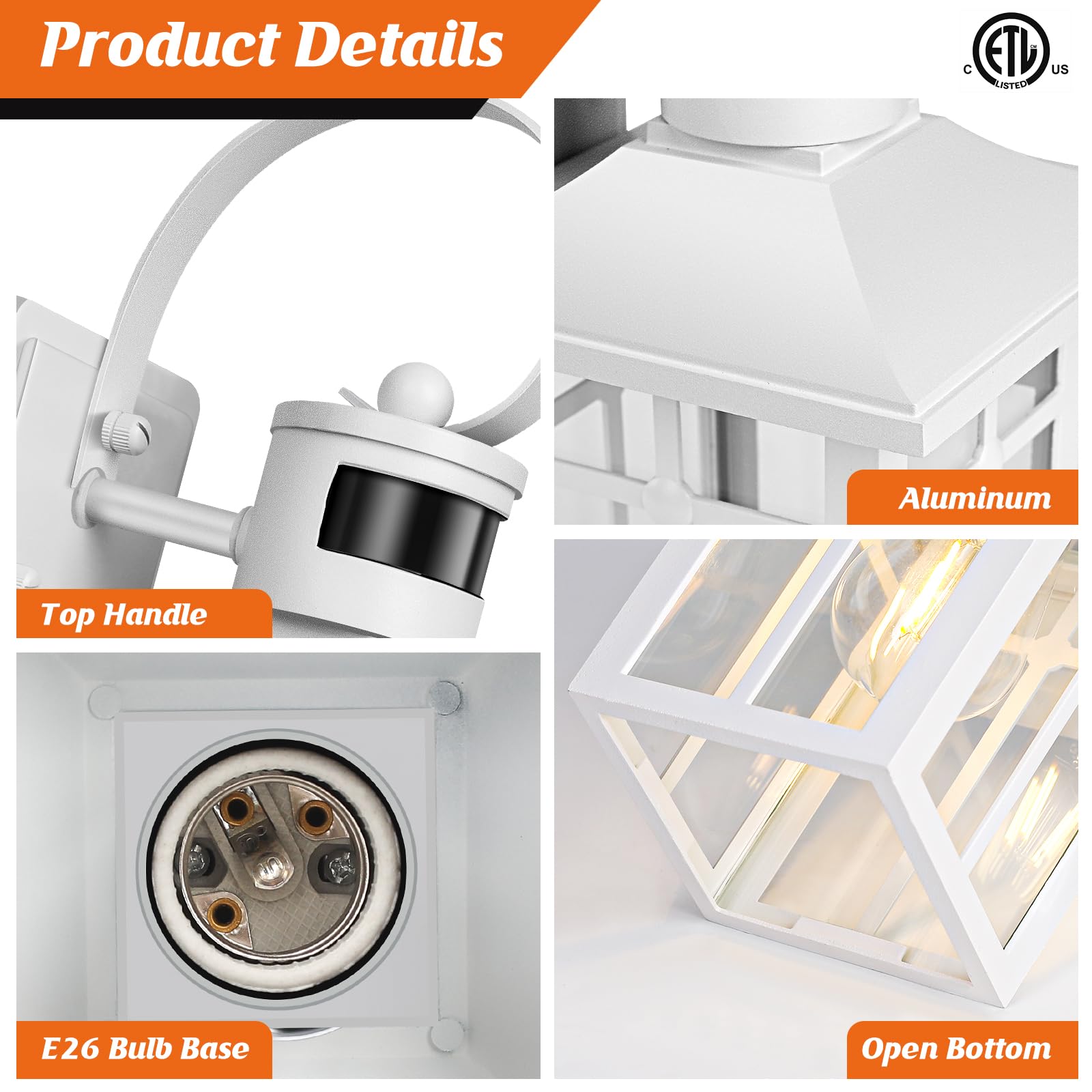 White Porch Light Fixture, 2-Pack Motion Sensor Outdoor Sconce Lights, Aluminum Outdoor Lanterns For Patio Waterproof, Etl Liste