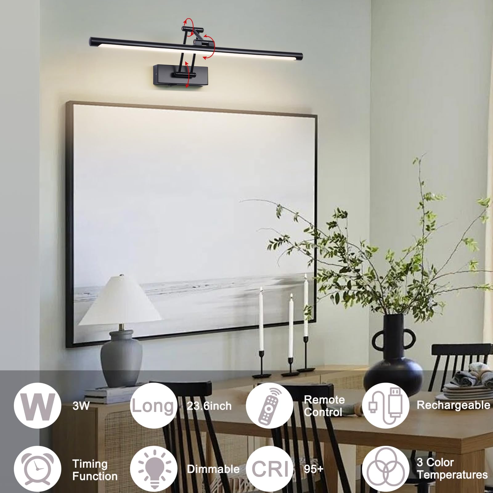 Yumcrelect Led Battery Operated Picture Lights With Remote Wireless Art Lighting For Wall 23.6 Inch Rechargeable discomfort-reducingting Light Black Frame Lights Dimmable 3Cct Gallery Light For Library Portrait