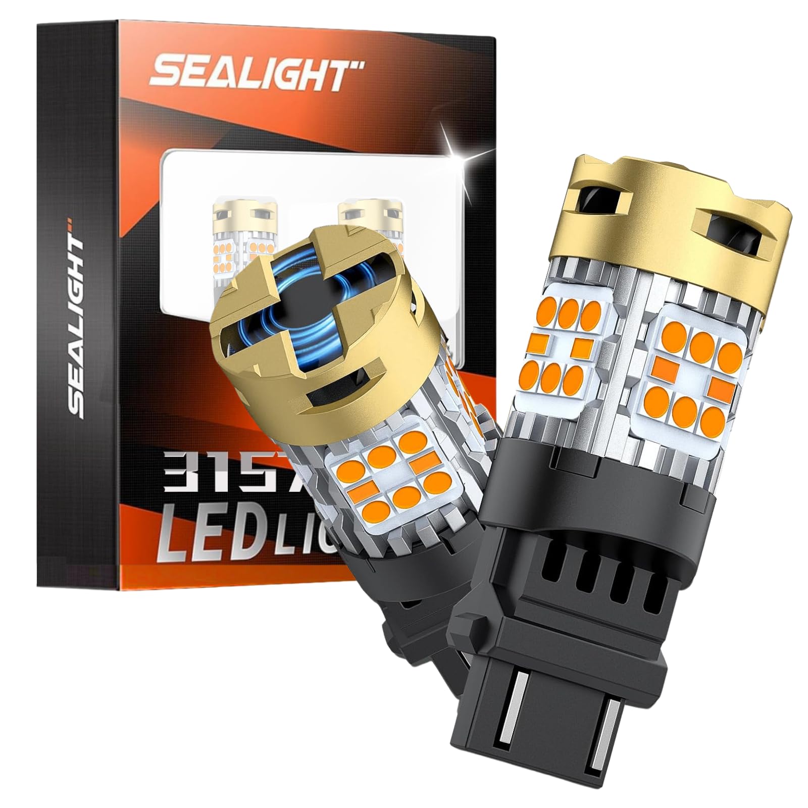 SEALIGHT LED Turn Signal Bulb, 3157 Size, Amber Yellow, Aluminum, Pack of 2, 1400% Brighter for Front Rear Signal Lights