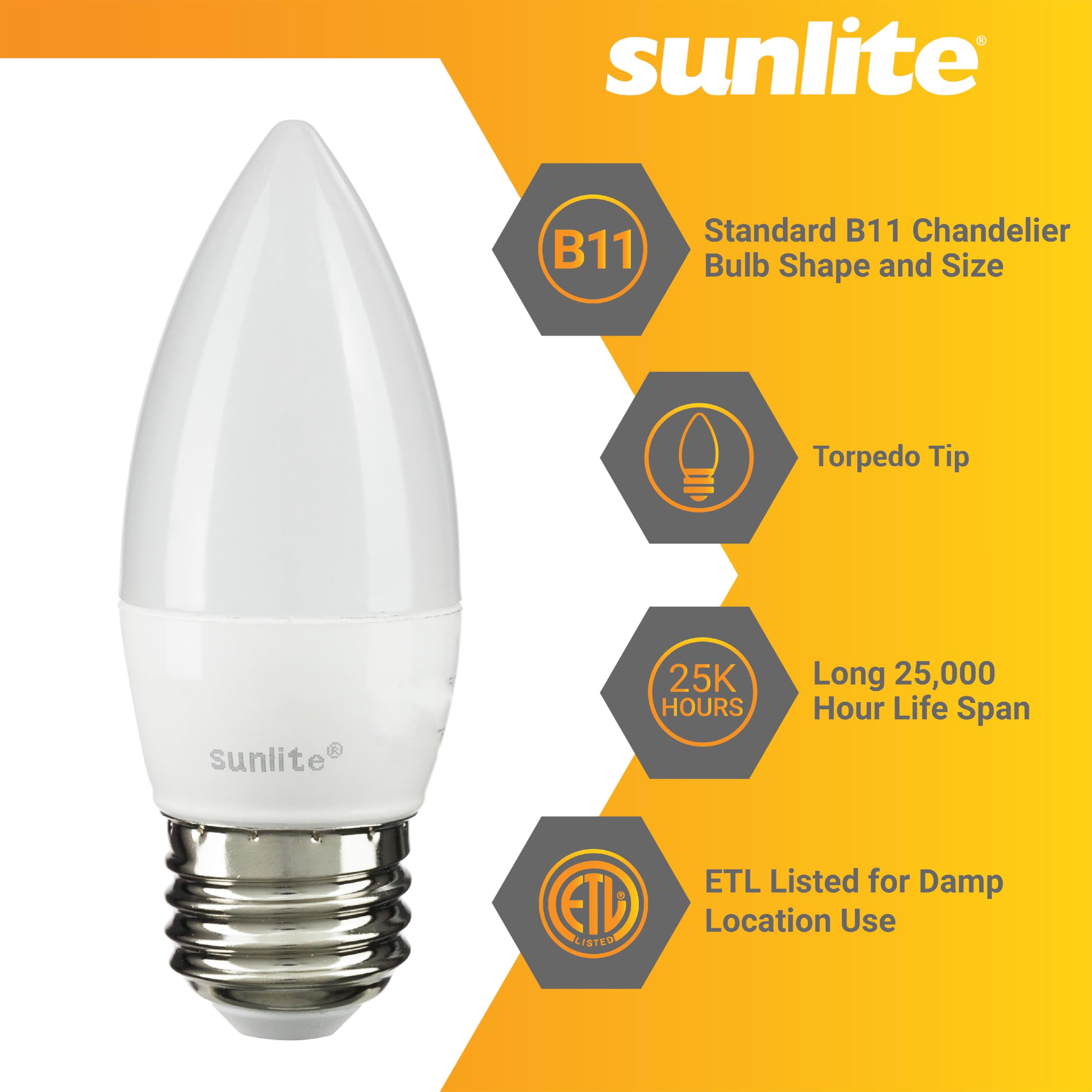 Sunlite 41380-Su Led Torpedo Tip B11 Chandelier Light Bulb, 7 Watts (60W Equivalent), 500 Lumens, Medium Base (E26), Dimmable, 27K - Warm White, 6 Pack, Frost