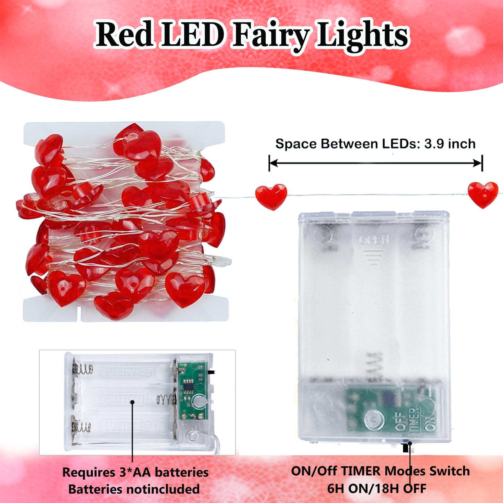 10Ft Red Heart Fairy Lights Battery Operated With Timer For Christmas Decoration, Led String Lights Indoor Outdoor Waterproof Twinkle Lights For Christmas Proposal Anniversary Valentines Party Decor