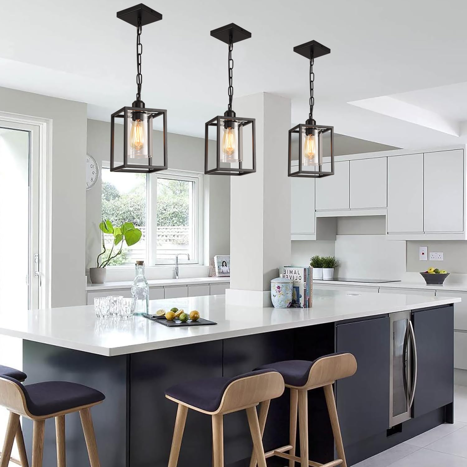 Ihengyanlt Farmhouse Pendant Light,Black Metal Frame Hanging Light Fixture With Clear Glass Shade Chandelier, Adjustable Chains