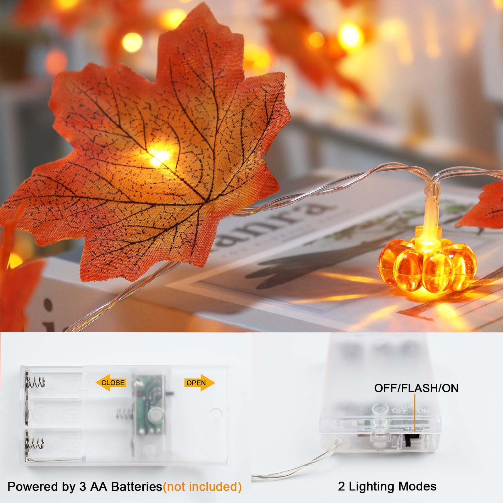Fall Decorations for Home - Maple Leaf Pumpkin Lights - 10 Ft 20 LED Battery Operated 3D Pumpkin Fall Leaves Garland String Ligh