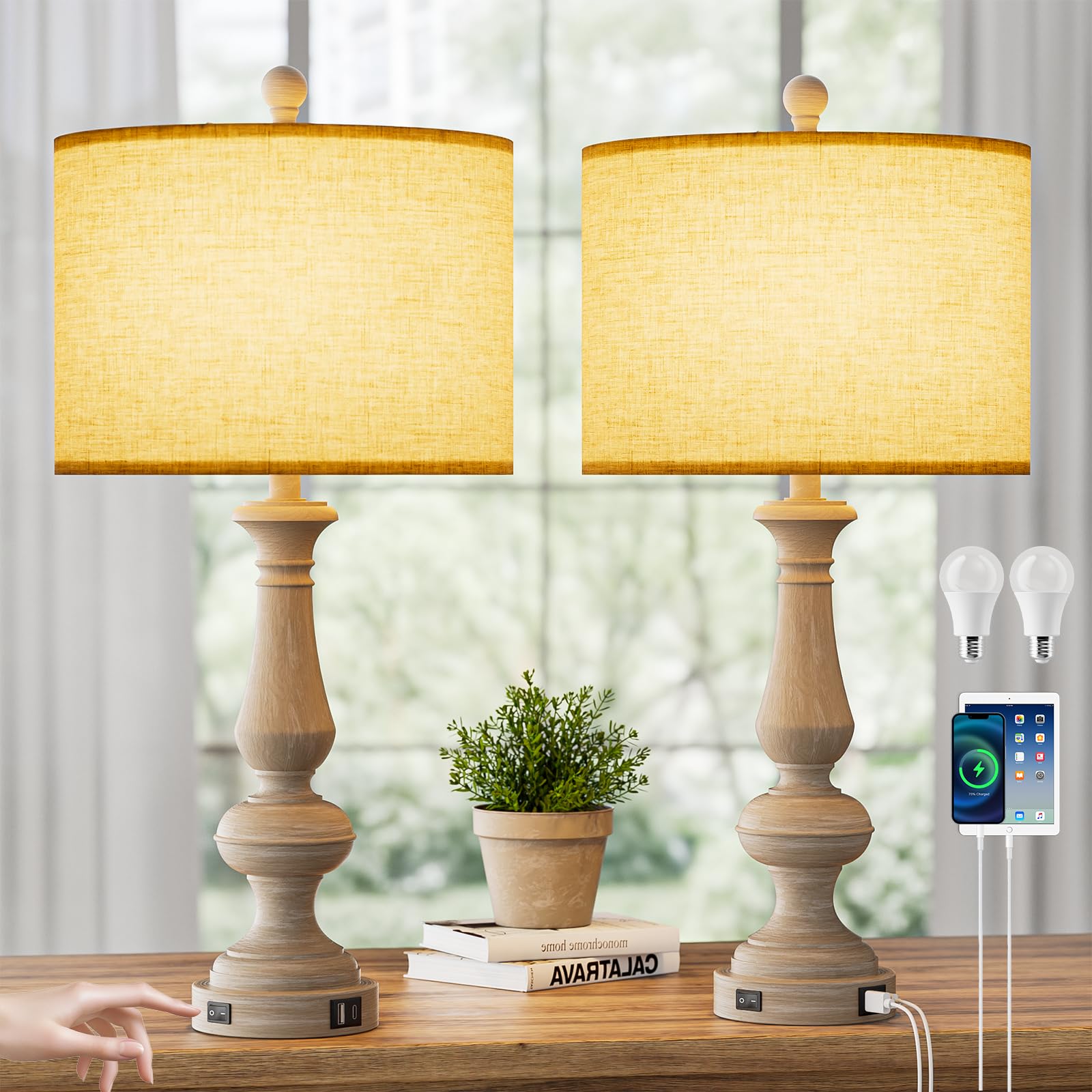 Jeagop 26in Resin Table Lamp Set of 2, Gray, USB C+A Ports, 3 Color Temperatures, Model TB-SZ-2P01