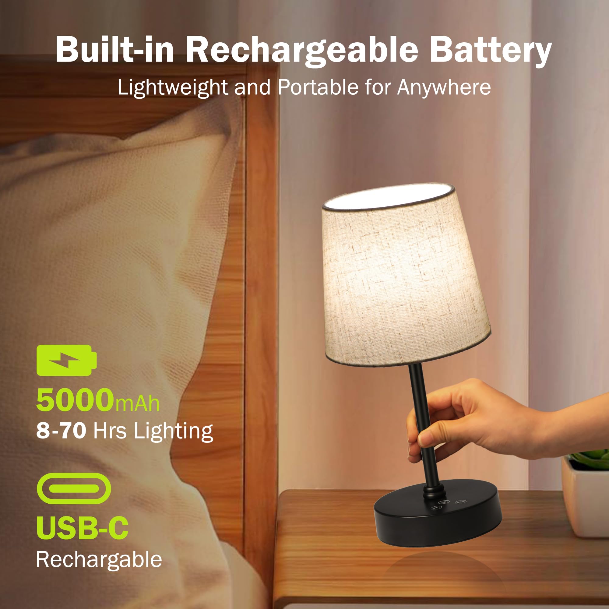 Ascher Small Cordless Table Lamp, Built-In Rechargeable Battery, Rgb, 3 Cct, Dimmable Portable Bedside Night Lamp, White Shade A