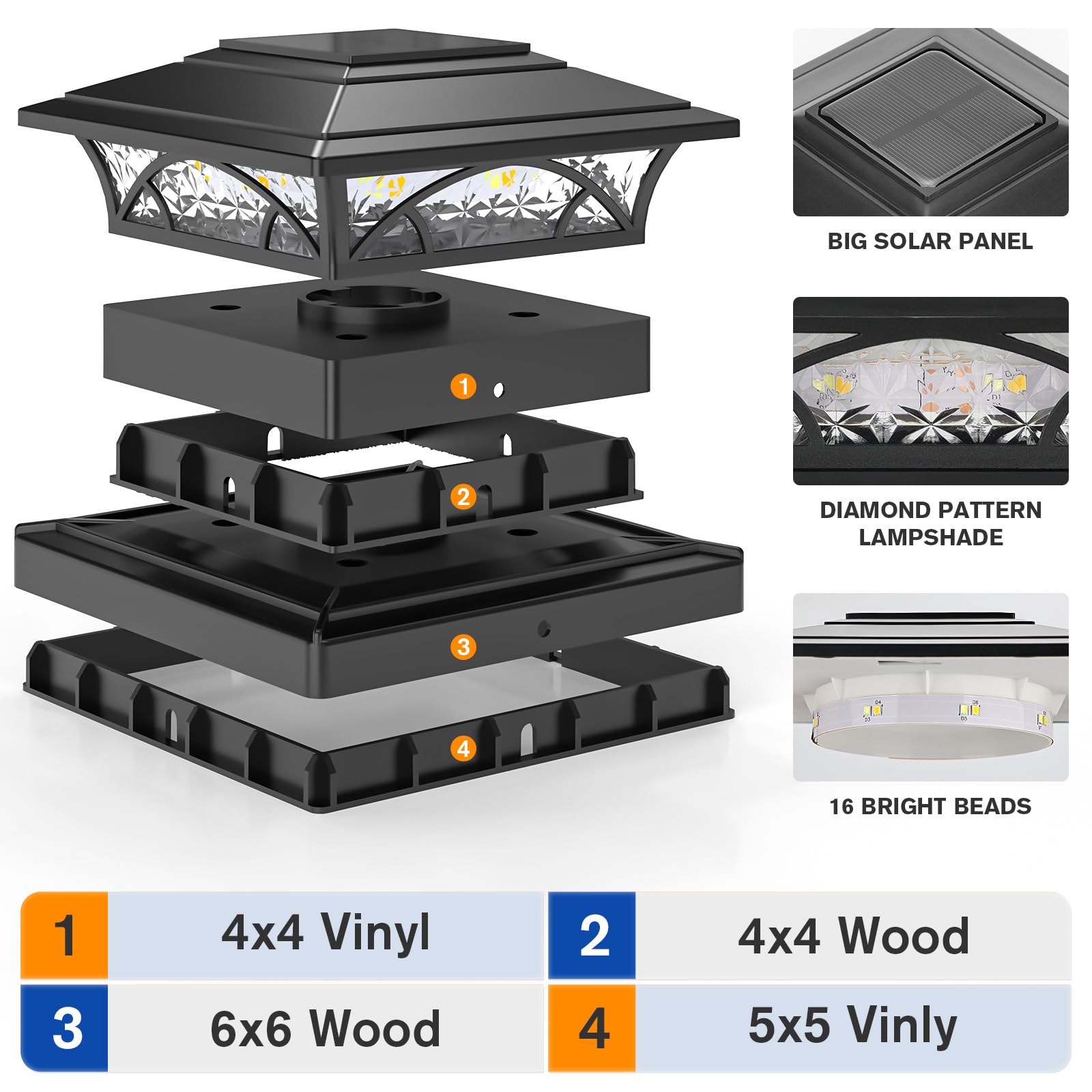 APONUO Solar Post Cap Lights, 2-Mode Waterproof Outdoor Lights, Black, 6 Pack, for 4x4, 5x5, 6x6 Posts, Easy Install