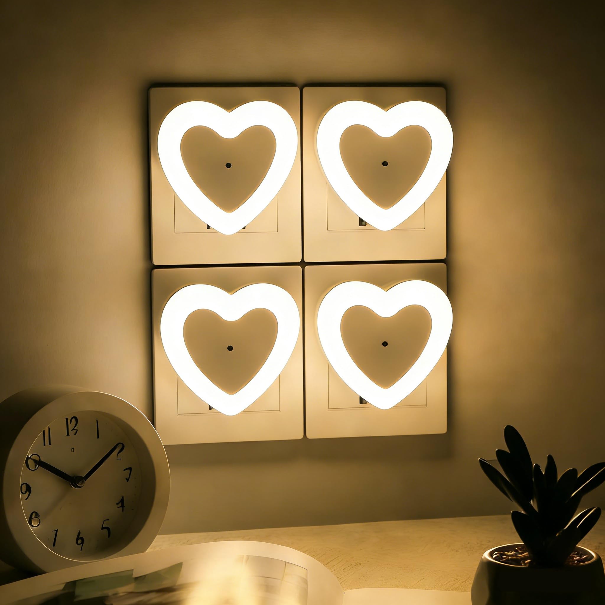 Lumipallas LED Night Lights Plug in(4-Pack)  Dusk to Dawn Sensor Auto-On/Off  Heart Shaped Nightlight 0.5W for Bedroom  Bathroom  Kids Room  Hallway  Toilet(Warm White)