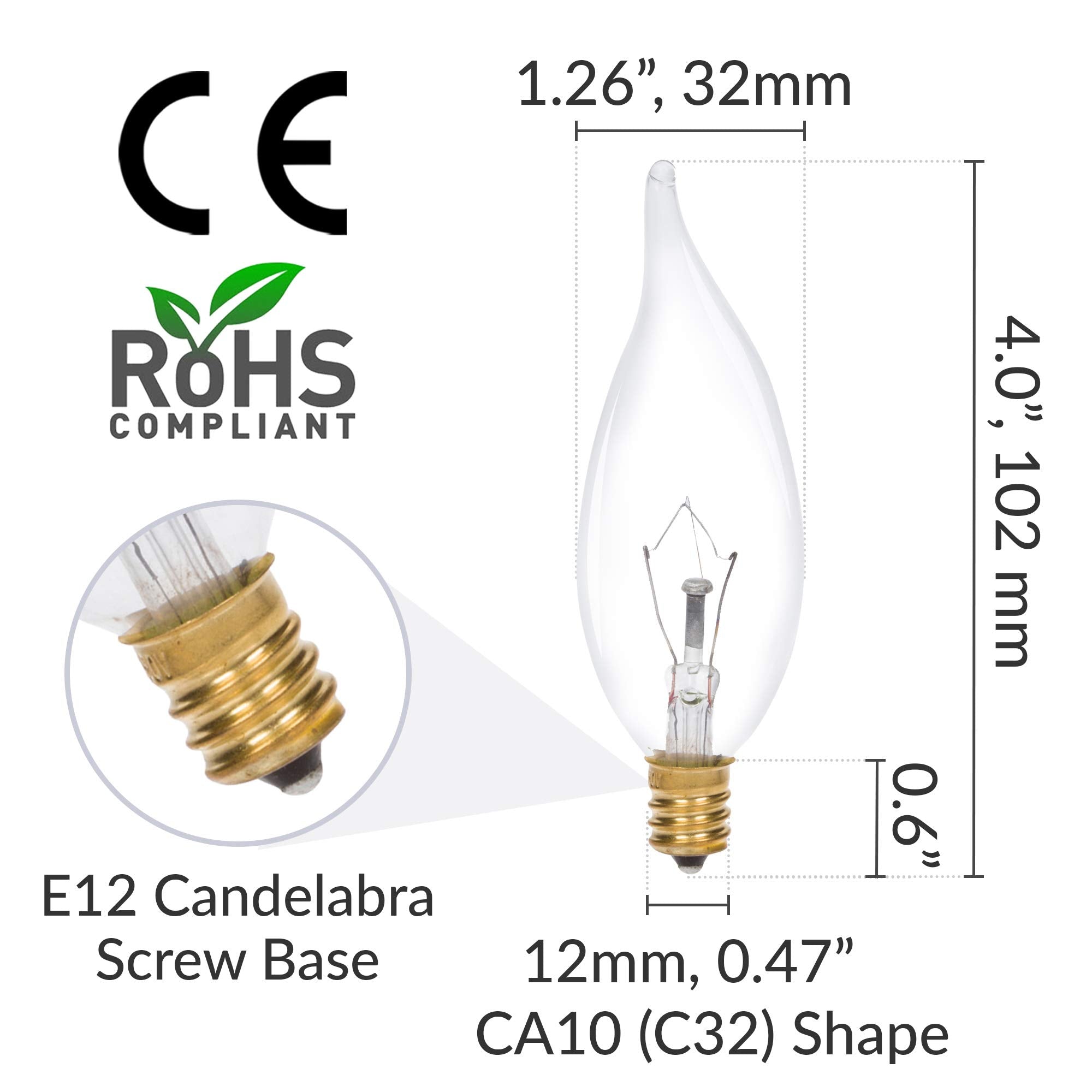 Simba Lighting Candelabra Flame Tip Bulbs, 40W E12, Clear Glass, Dimmable, Warm White 2700K, 12 Pack, Model INC-40C32