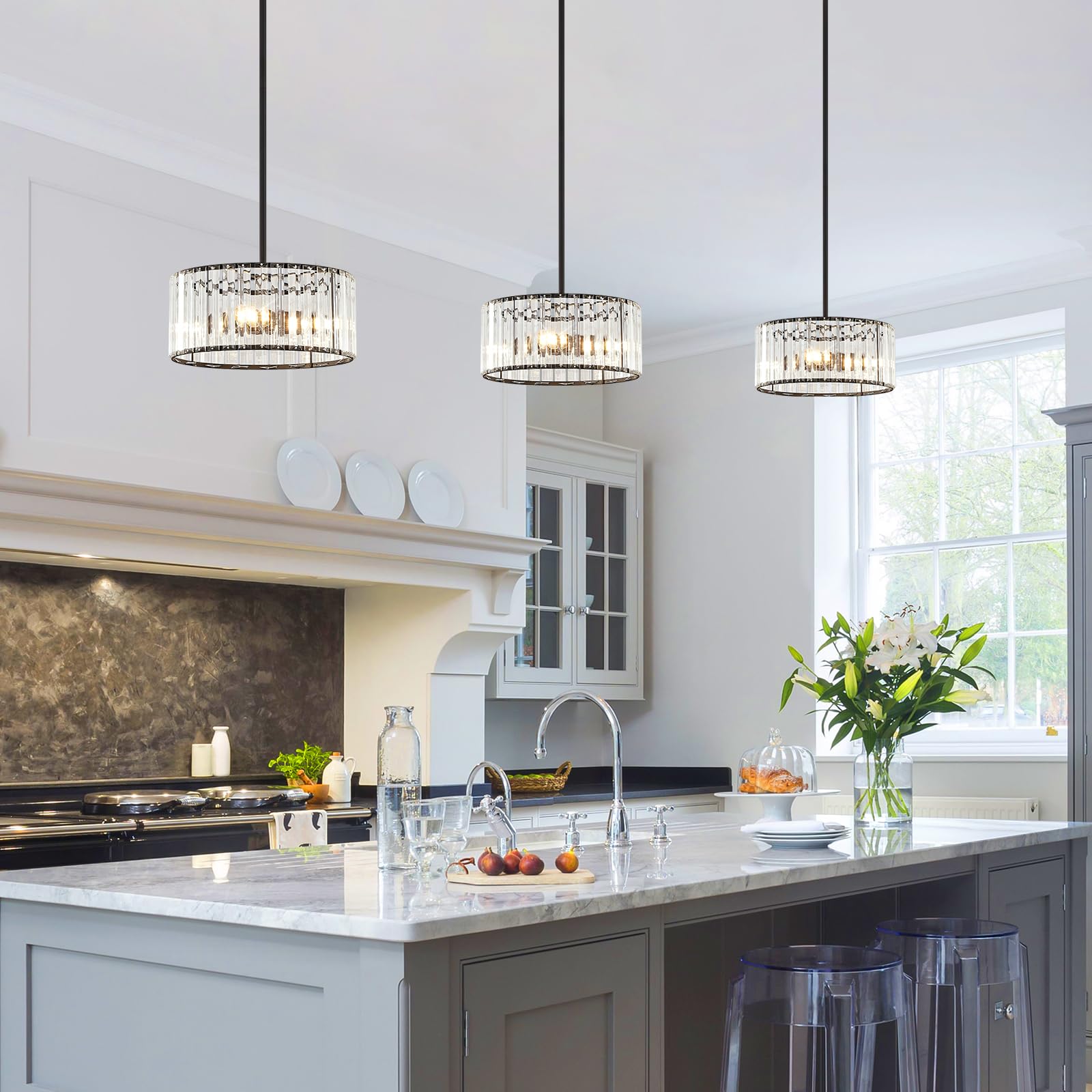 Yurnyq Black Crystal Chandelier, Small Modern Semi Flush Mount Ceiling Chandelier Light Fixtures, Round Hanging Lighting Fixture