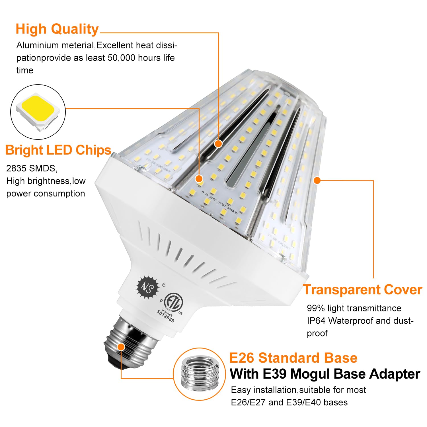 NS 600W Equivalent LED Corn Bulbs, 60W 9000 Lumens, 5000K Daylight White, E26/E39, 2-Pack, Ideal for Garage & Warehouse