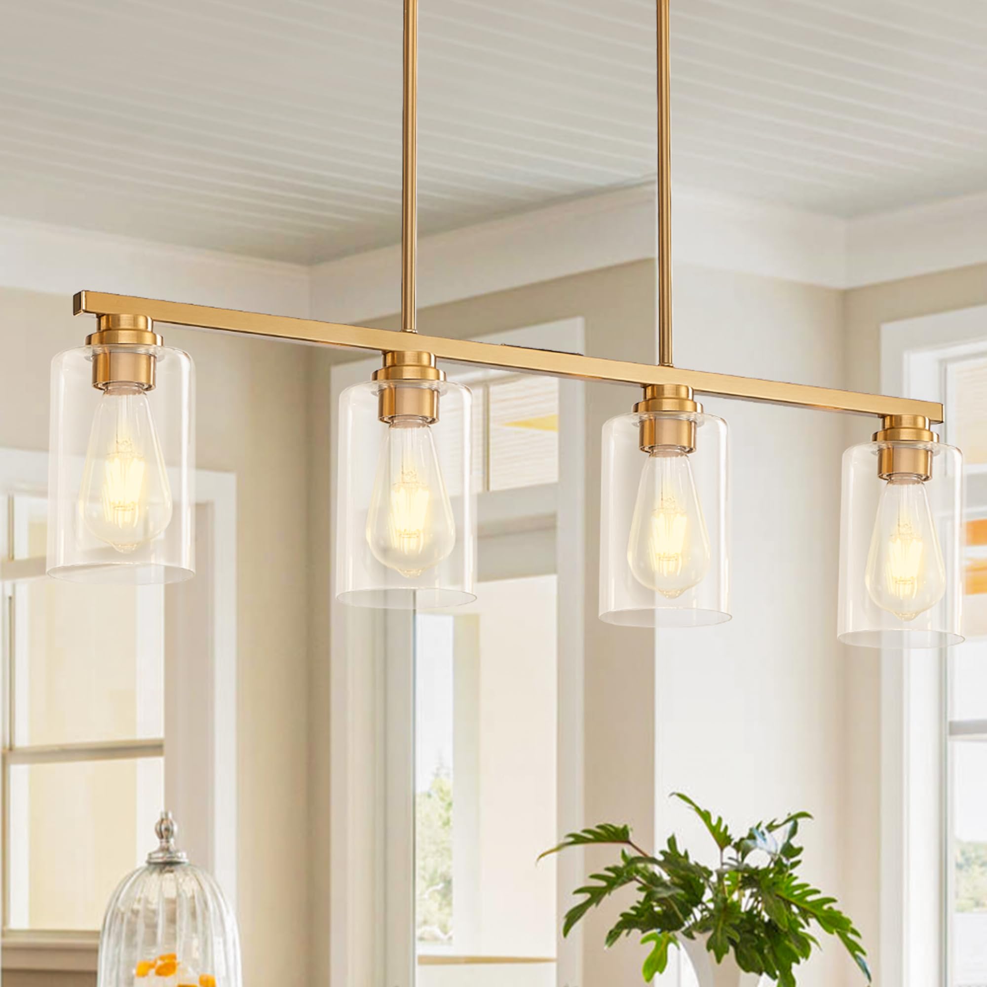 Mecgirn Island Light For Kitchen, Brushed Gold Dining Room Light Fixture Over Table, 4-Light Linear Chandelier Pendant Lighting For Dining Table Kitchen Island Living Room