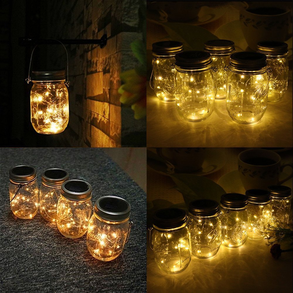 CHBJDAN Solar-Powered Mason Jar Lights, 4 Pack with Handles, Warm White, Model 43349-4067, Outdoor Hanging Lanterns