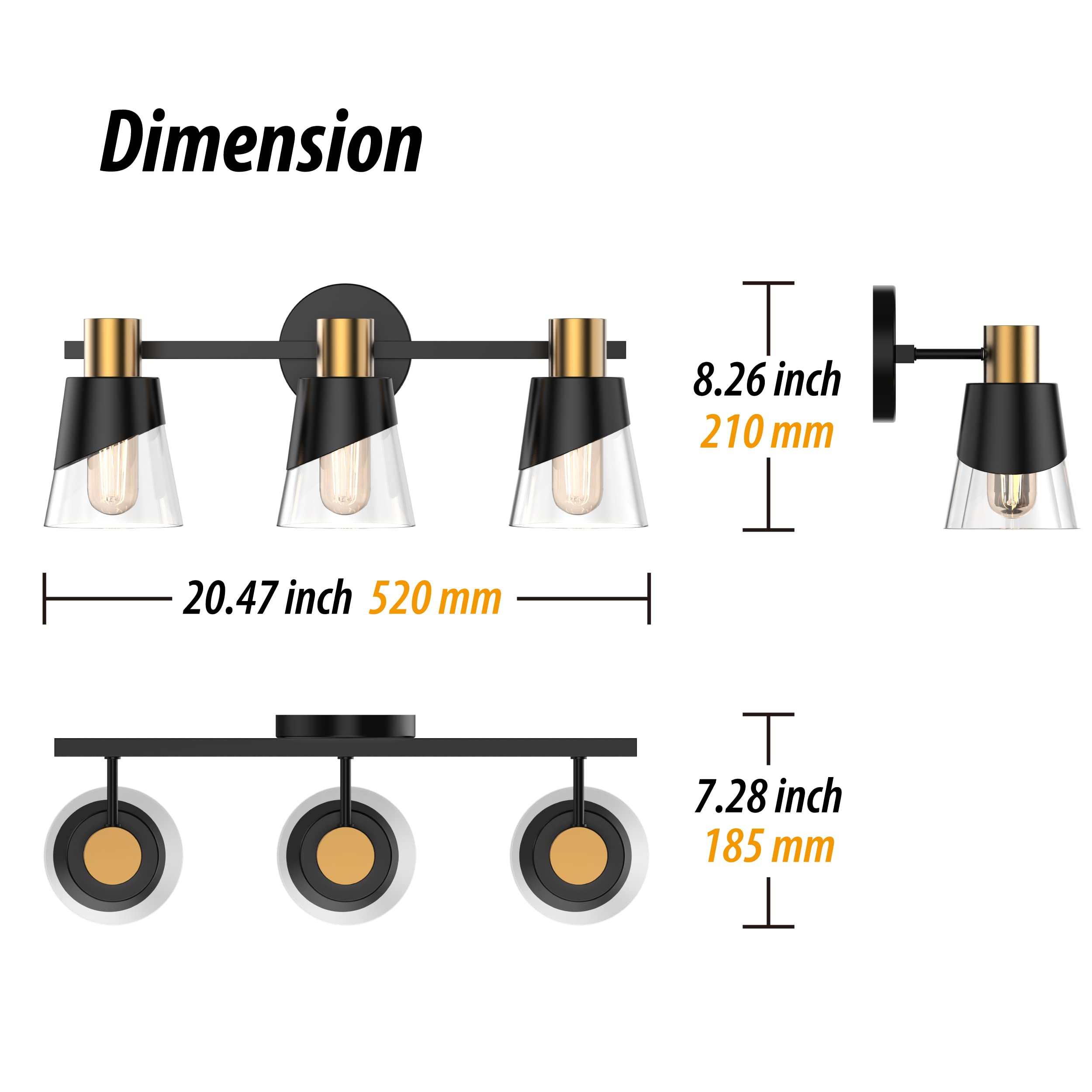 Ursola Bathroom Vanity Light, 3 Lights Bathroom Light Fixtures Over Mirror, 20.47 Inch Bathroom Light Fixtures, Black And Gold D