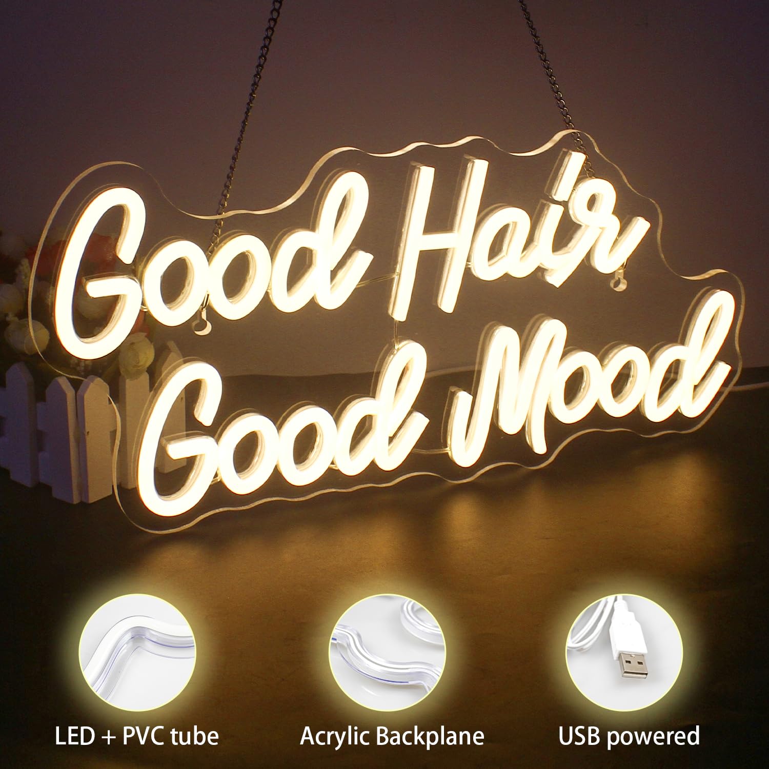 WX&YH Neon Sign - Good Hair Good Mood LED Light for Hair Salon Decor, Dimmable Acrylic Wall Art, Haircut Shop Sign