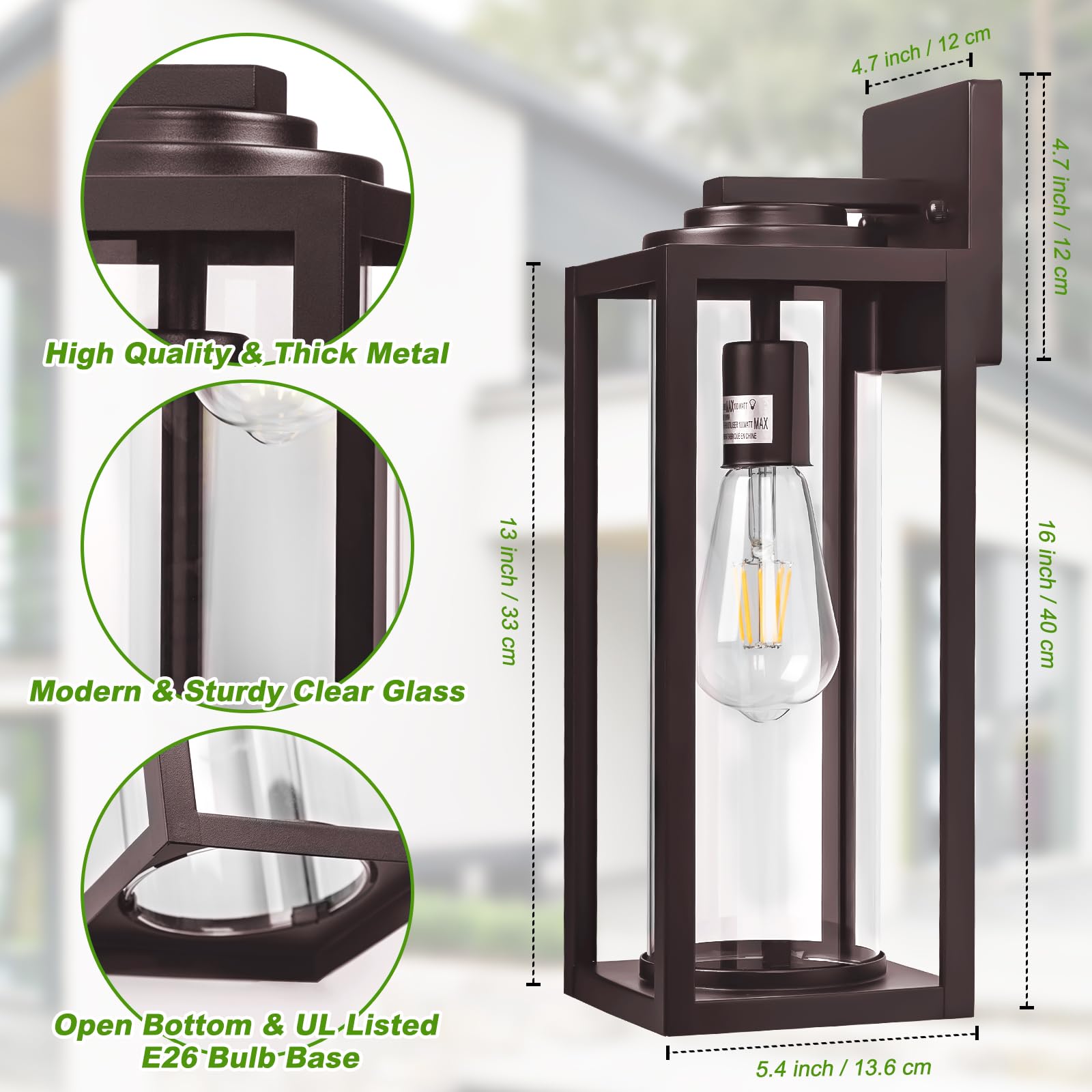 16Inch Large Outdoor Wall Lights 2 Packs - Oil Rubbed Bronze Exterior Light Fixture With Clear Glass Shade, Waterproof Porch Lig