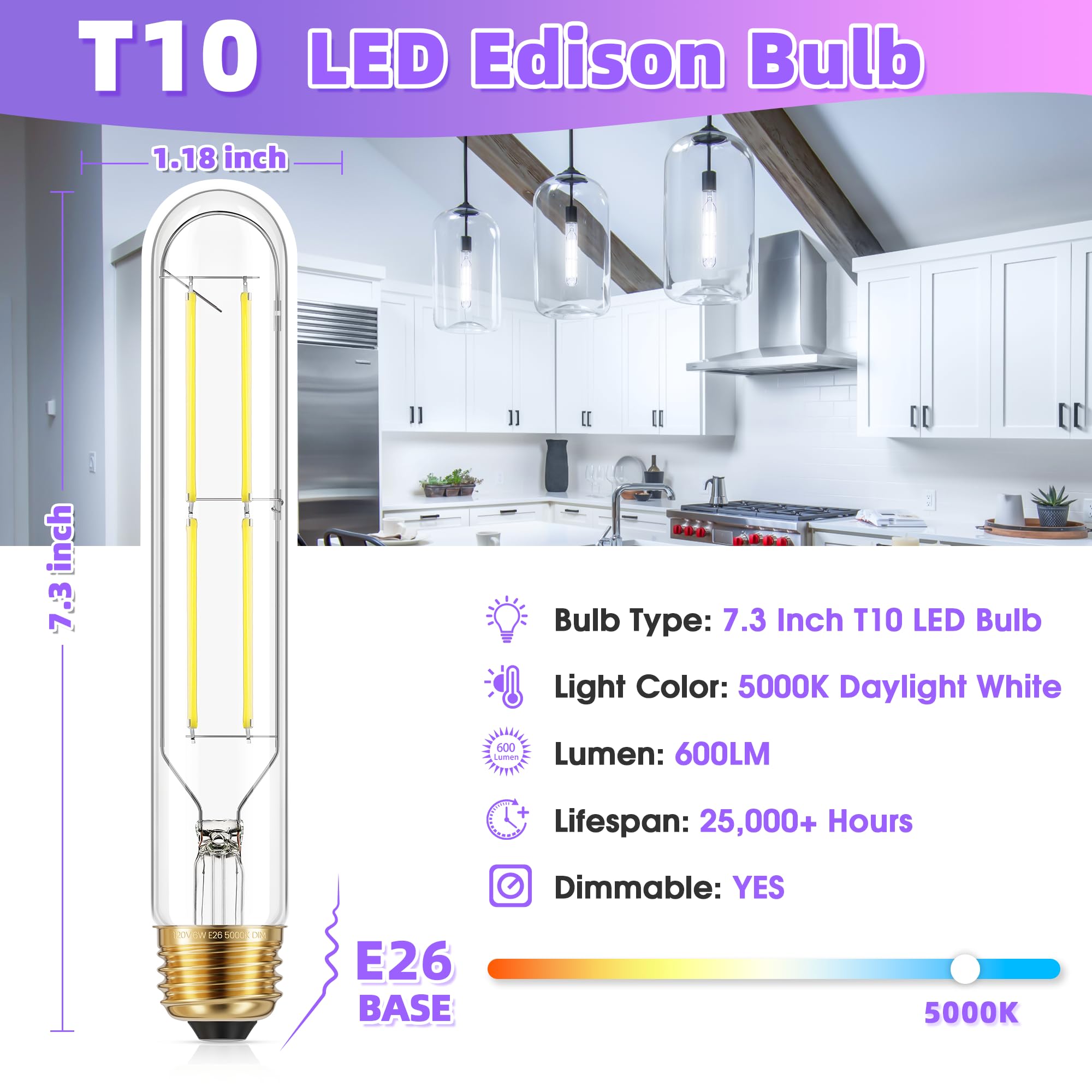 Ggoying Dimmable E26 Led Bulb 60W Equivalent, 600Lm Daylight White 5000K E26 Edison Bulbs, 6W 7.3 Inch Tubular T10 Led Bulb For