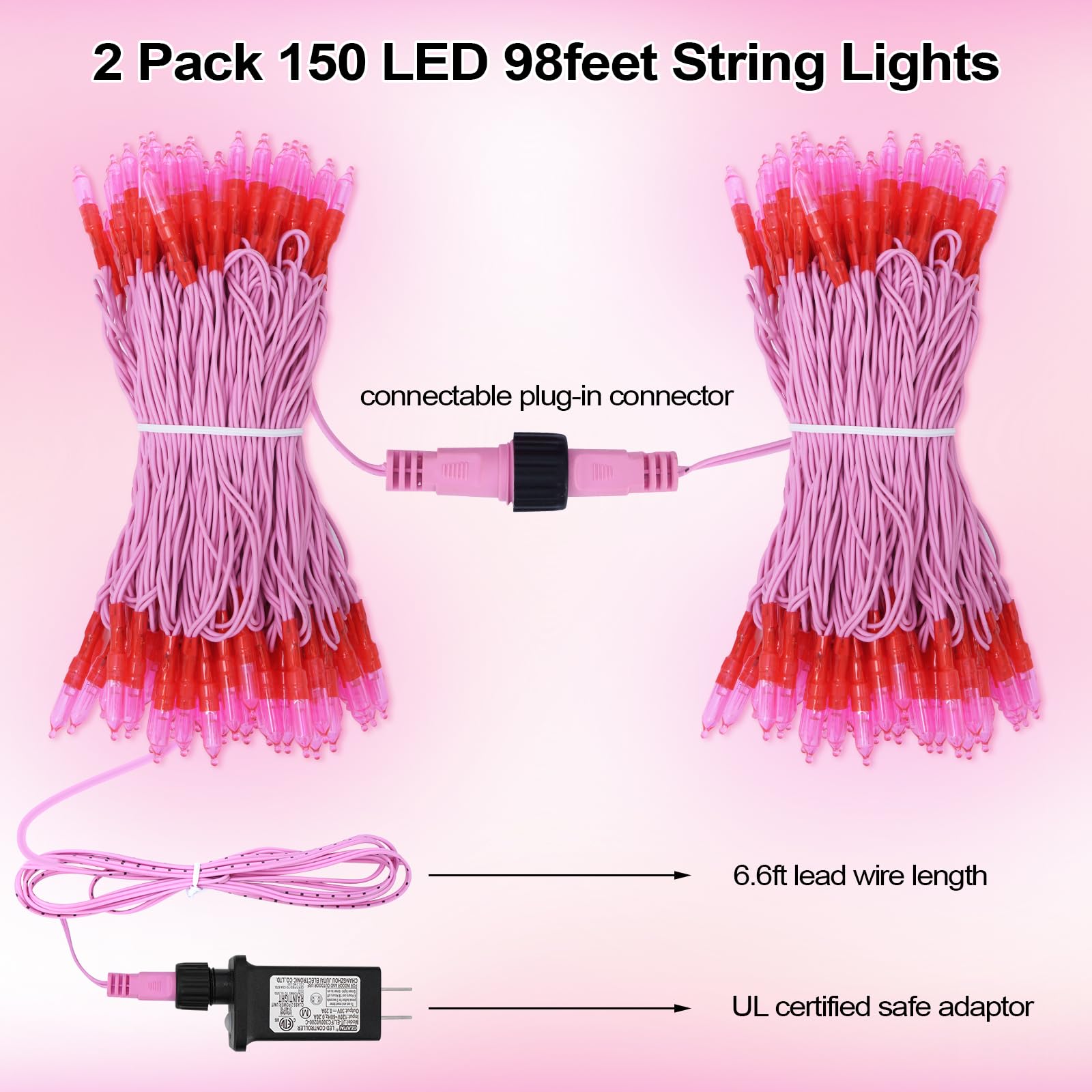 Illuminew Christmas Lights - 98Ft 300 Count Connectable Waterproof Led Fairy Lights Bulbs For Indoor Outdoor Christmas Tree Wedding ValentineS Day Decor (Pink  150 Count - 2 Pack)