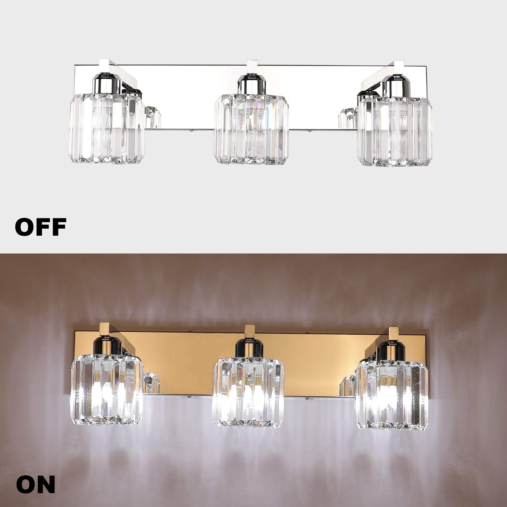 Aipsun Crystal Vanity Light Fixture - Modern 3-Light Wall Light For Bathroom, Chrome, 23 Inch, Model 8460