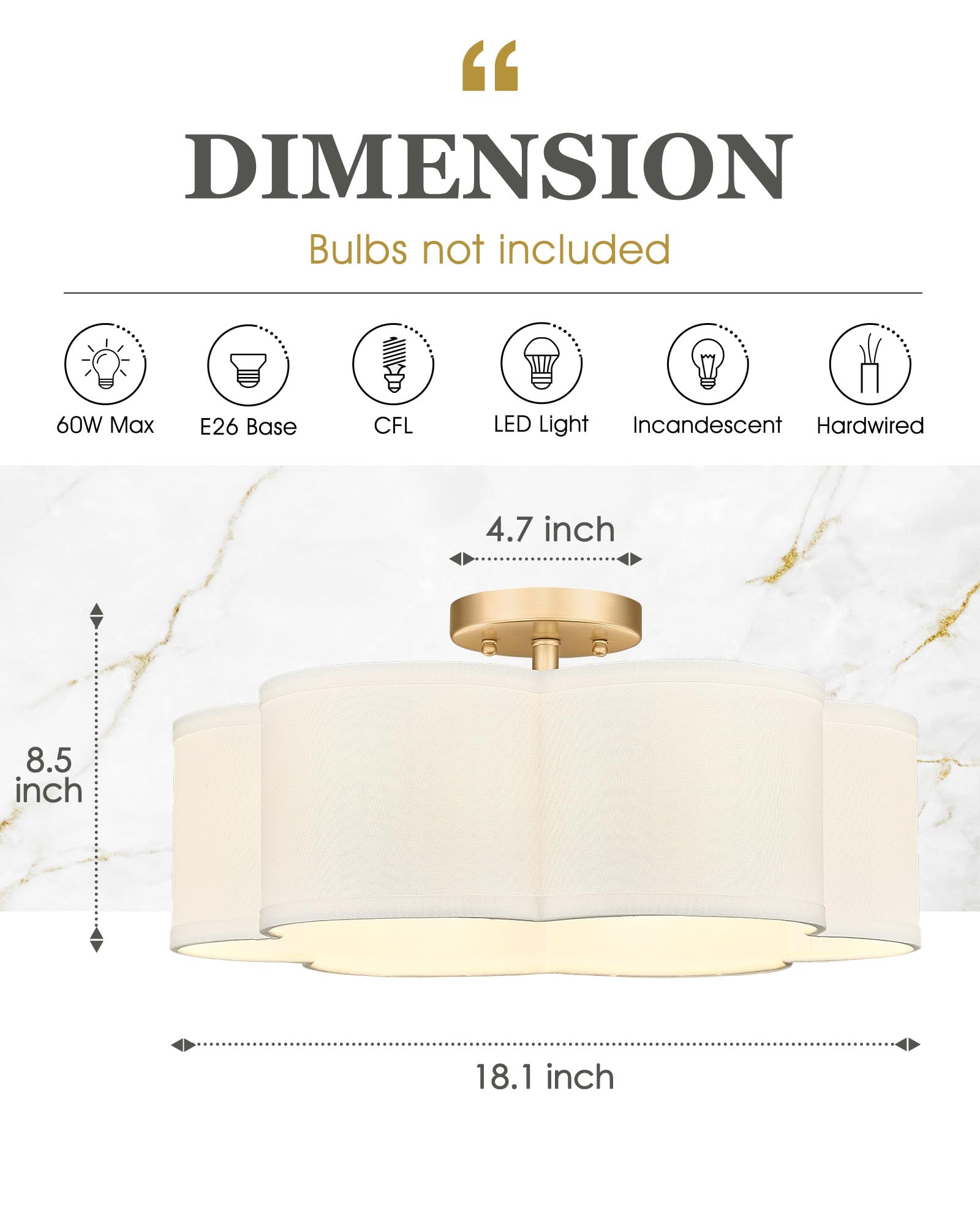 Audickic Gold Semi Flush Mount Ceiling Light, 6-Light 18Inch Ceiling Light Fixtures With Fabric Drum Shade In Flower Shape, Farm