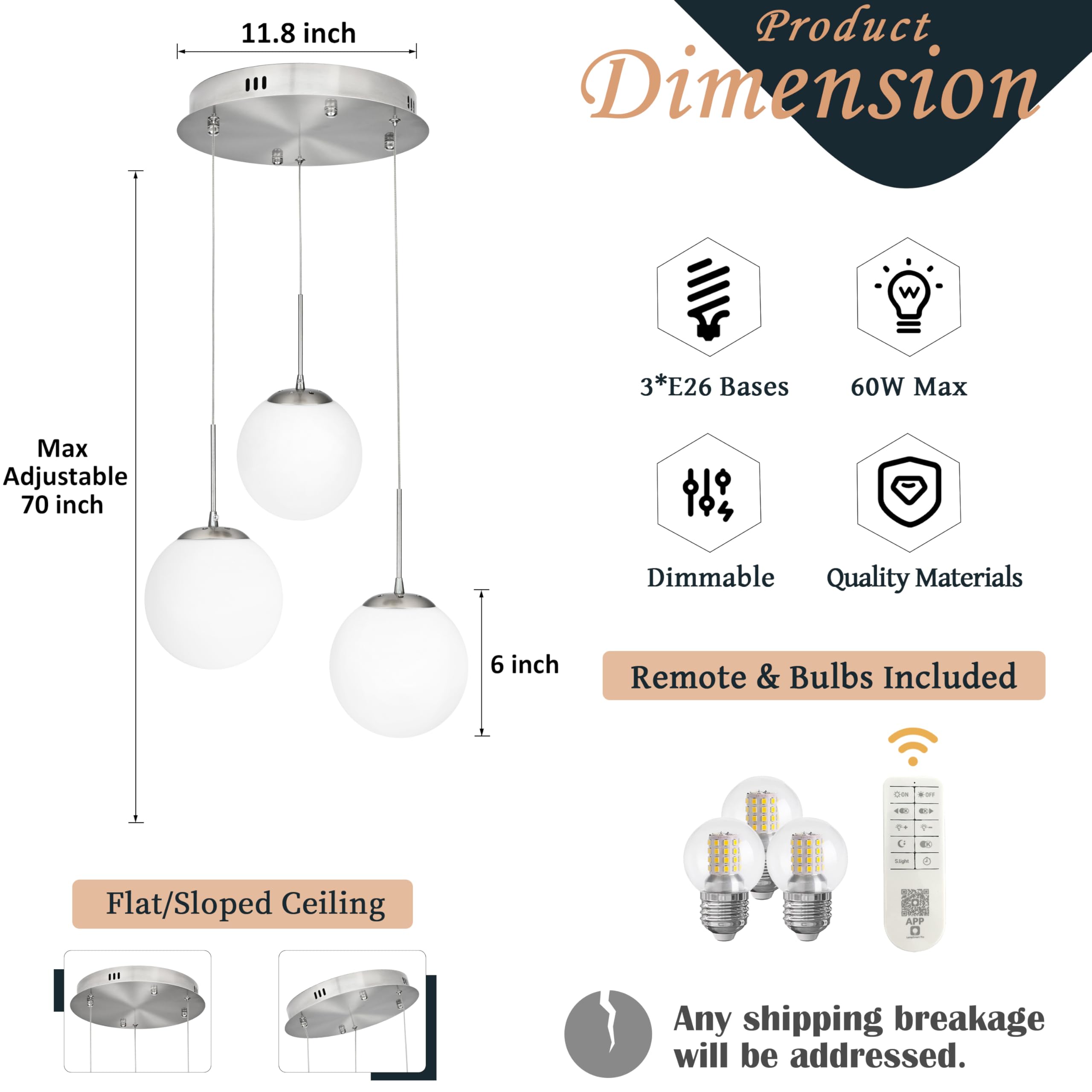 KoKo&Yukina 3-Light Globe Glass Pendant Light, Opal & Nickel, Adjustable Length, 11.8" Diameter, Model LT01-NN-3, Bulb & Remote