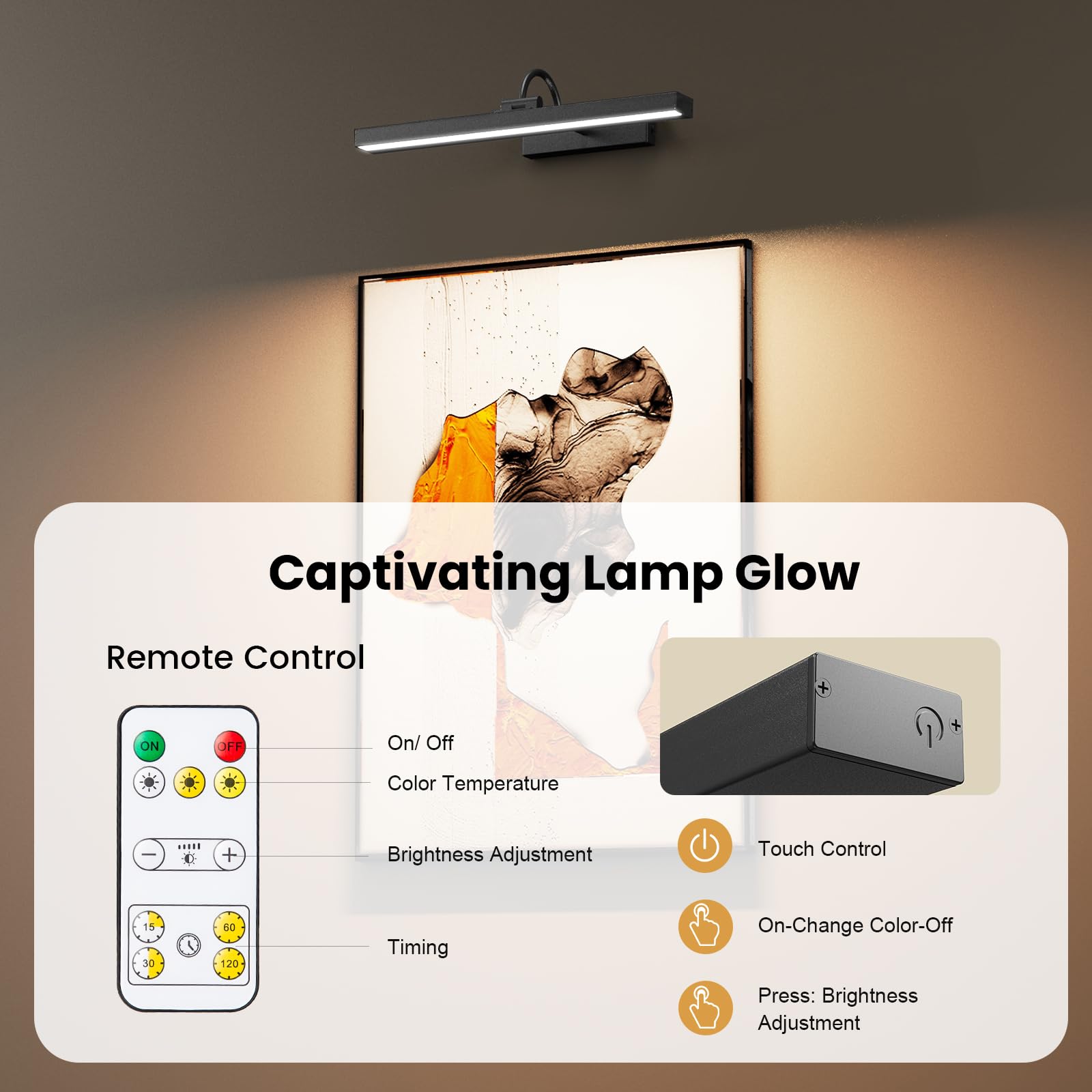 Bridika Picture Light Set of 2 - Rechargeable Battery Operated Wall Lights, 15.7in, Dimmable, Remote Control, 3 Color Temperatures, Black
