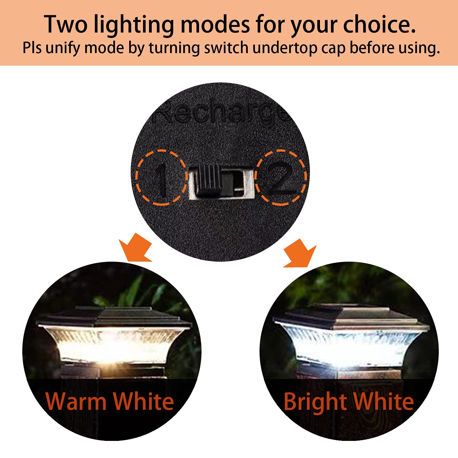 HUYIENO Solar Cap Lights Outdoor LED Lighting, 6PK, Warm White/Bright White, Black, Suitable for 4x4 Wooden Posts