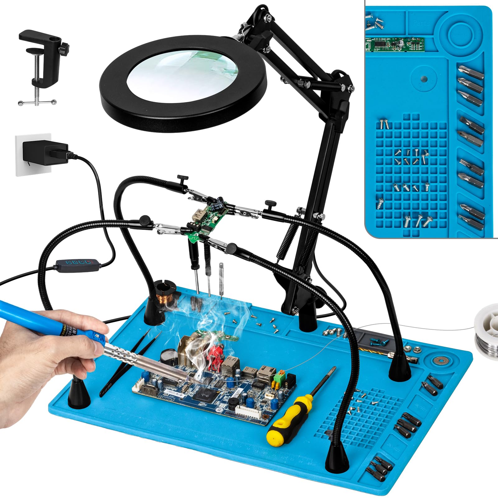 KUVRS 10X Magnifying Glass with Light and Stand, 3 Color Modes Stepless Dimming Magnifying Desk Lamp, Silicone Repair Mat & Goos