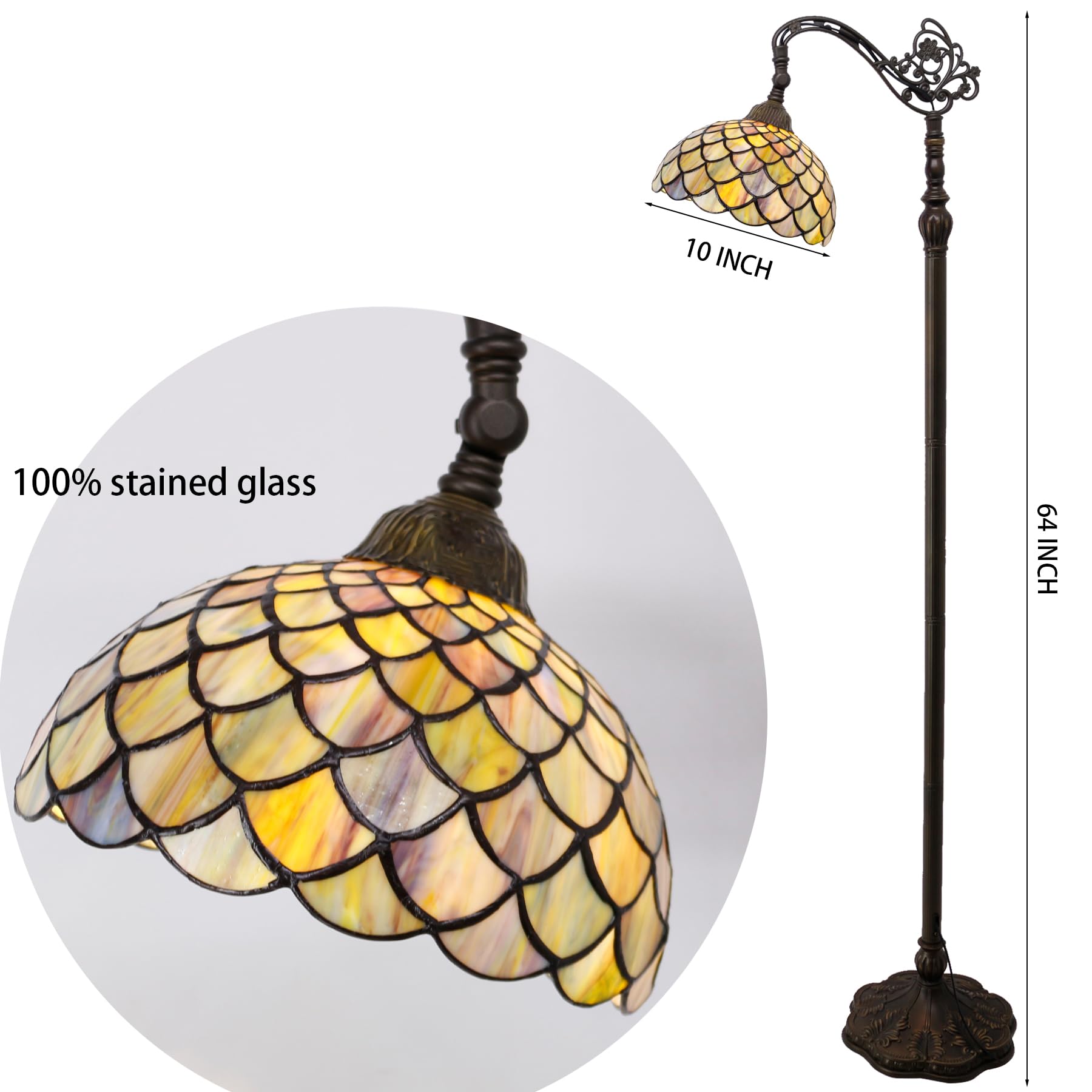 Avivadirect Tiffany Floor Lamp Stained Glass Reading Light 10X16X64 Inch,Angle Adjustable,Brown Fish Scales