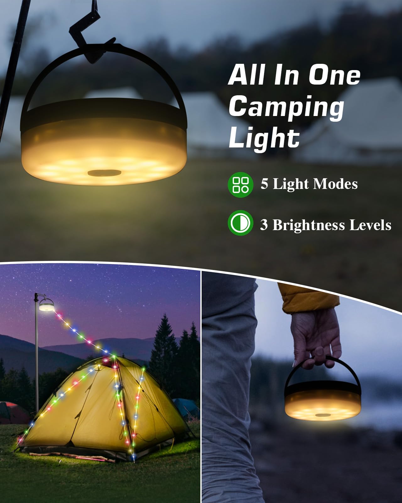 Anpro 4 in 1 Solar Camping String Lights, 32.8Ft Multi-Color LED, 3600mAh Solar Powered, USB Rechargeable, with Remote Control