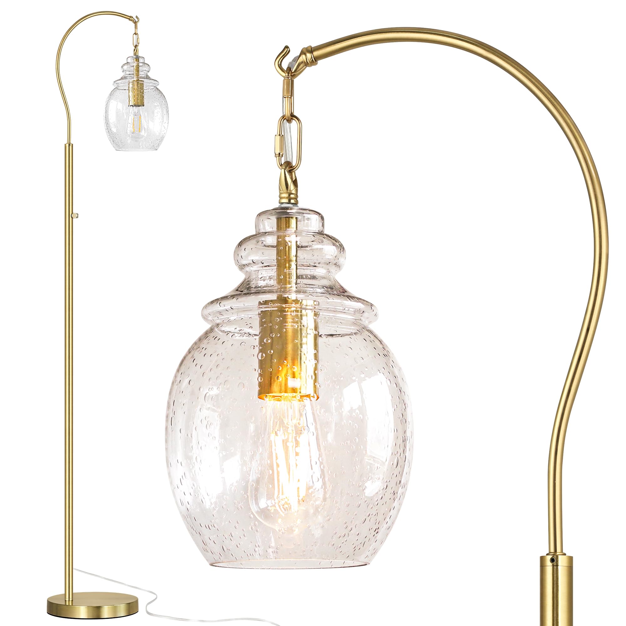 QiMH Gold Floor Lamp, 70in Tall Arc Lamp with Seeded Glass Shade, Dimmable Metal Lighting for Living Room, Bedroom, Office