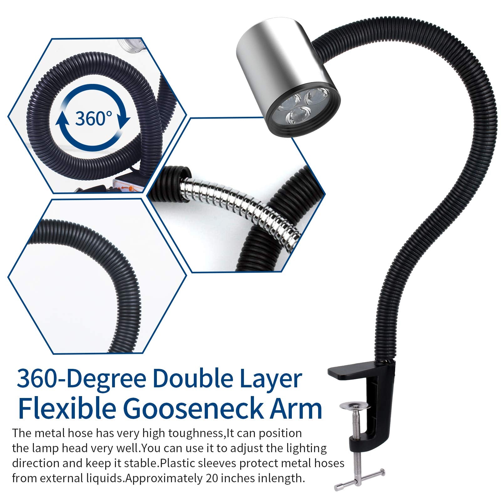 Led C Clamp Work Light Ip65 Water Proof Flexible Gooseneck Lamp 900 Lumens 120 Volt For Machine Lathe Milling Drill Press Indust