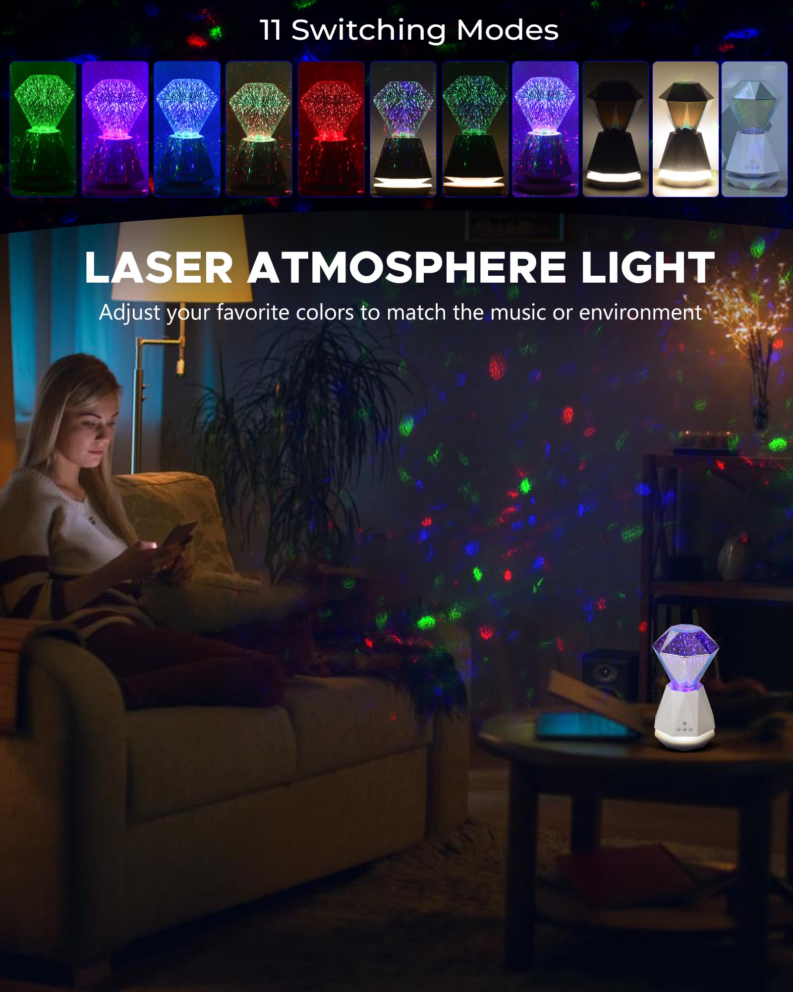 Mansuon 3D Diamond Laser Light, Dimmable Firework Bedside Lamp, With Led Night Light, Built In Speaker, Atmosphere Table Lamp For Living Room Decor, Valentine'S Day And Birthday Gifts