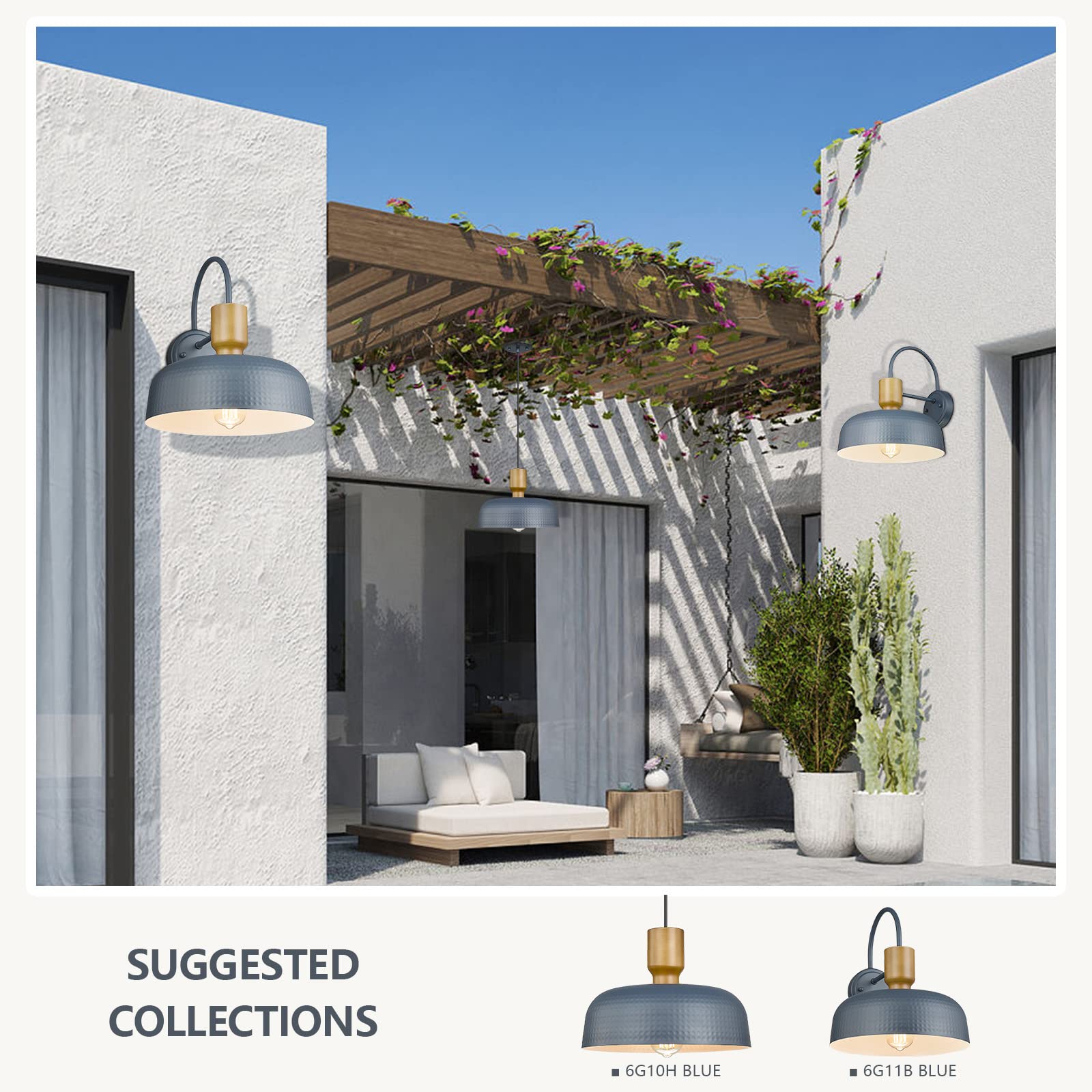 Darkaway Barn Light Fixture - Hammered Metal Shade Wall Sconce, 12.4" Blue, Indoor/Outdoor, Model 6G11B, 1 Pack