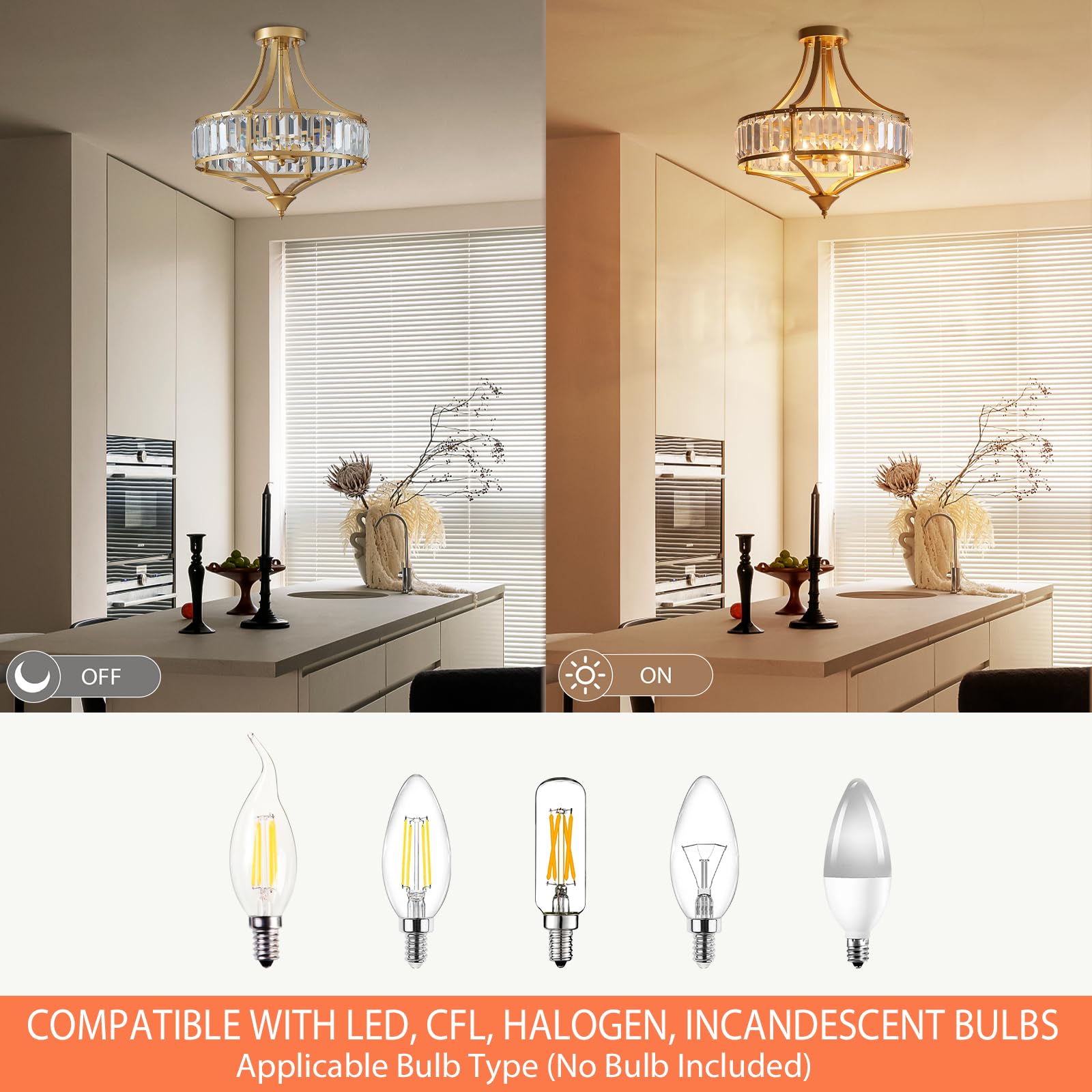 Modern Crystal Chandelier 4 Lights Gold Semi Flush Mount Ceiling Light Fixture E12 Base Farmhouse Chandelier For Dining Room Bed