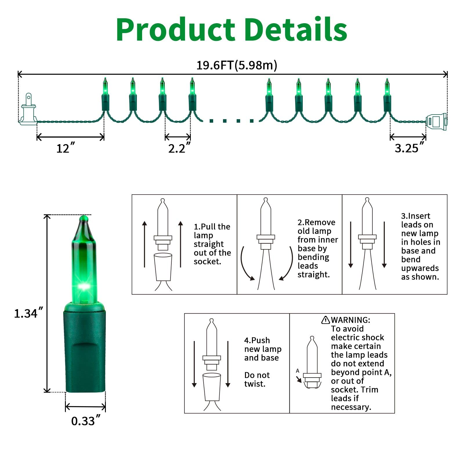 Lamphome Super-Bright Extendable Green Christmas Lights Decoration 100Lights 19.6Ft Ul Certified Mini Bulb String Lights Set For Outdoor Christmas Tree Garden Holiday Party Patio Wedding Garland Decor