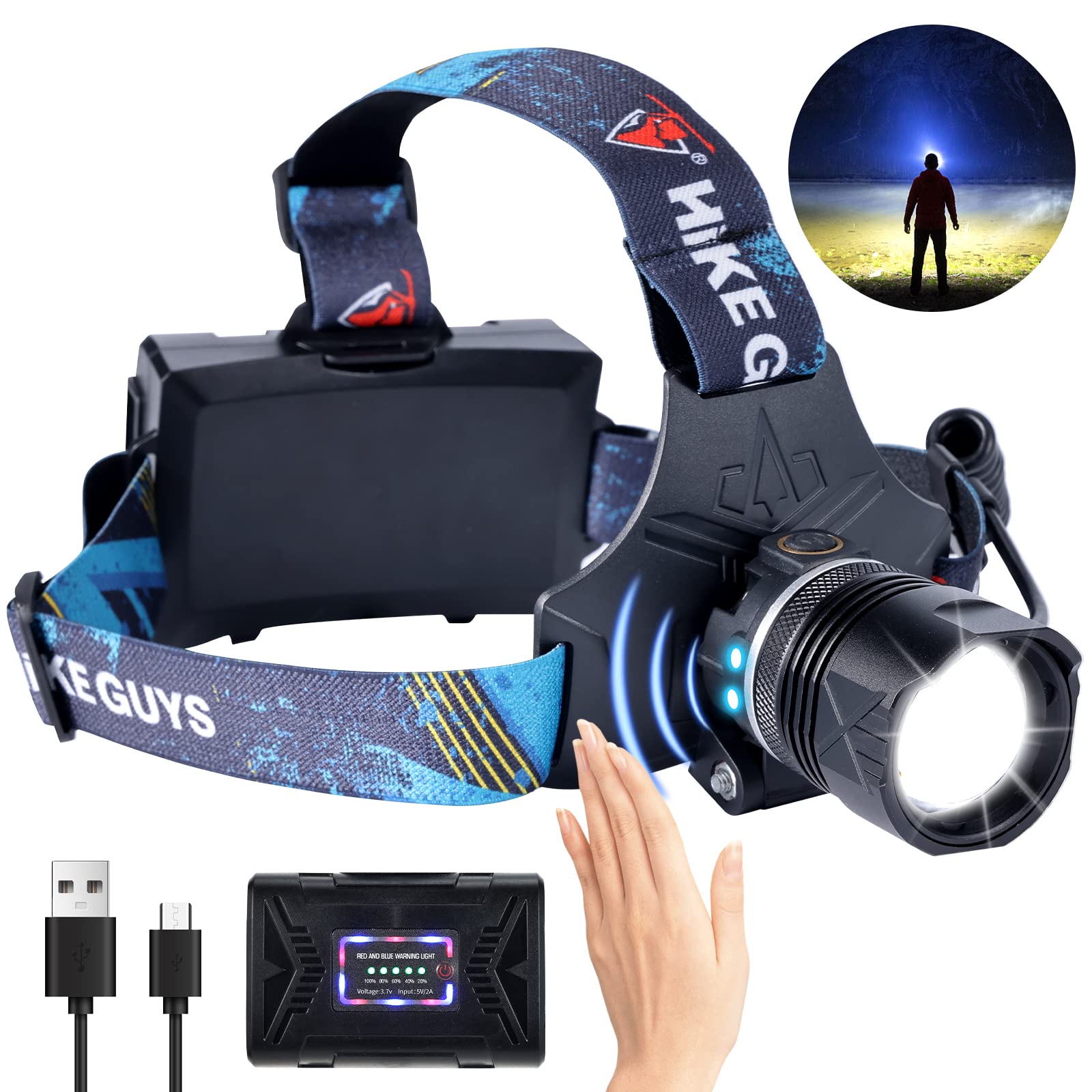 Ndeplis LED Headlamp T60, 90000 Lumens, 6 Modes, IPX5, Motion Sensor, Black