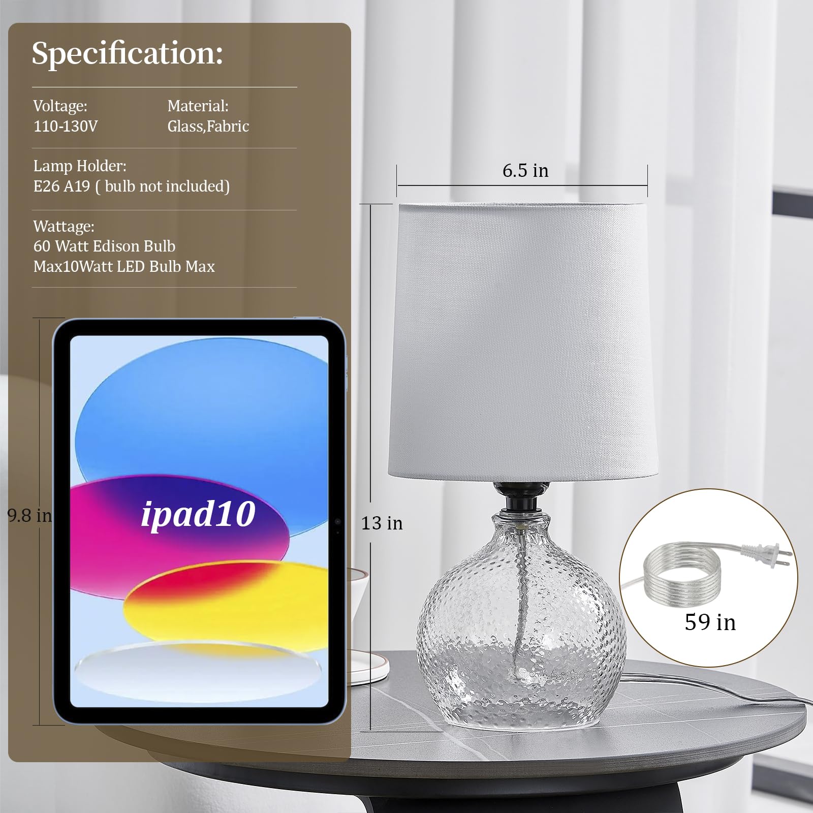 EJIAXIN Glass Table Lamps Set of 2 - 13.5" Clear Modern Bedside Lamps for Living Room, Bedroom, Office, Nightstand, Side Desk