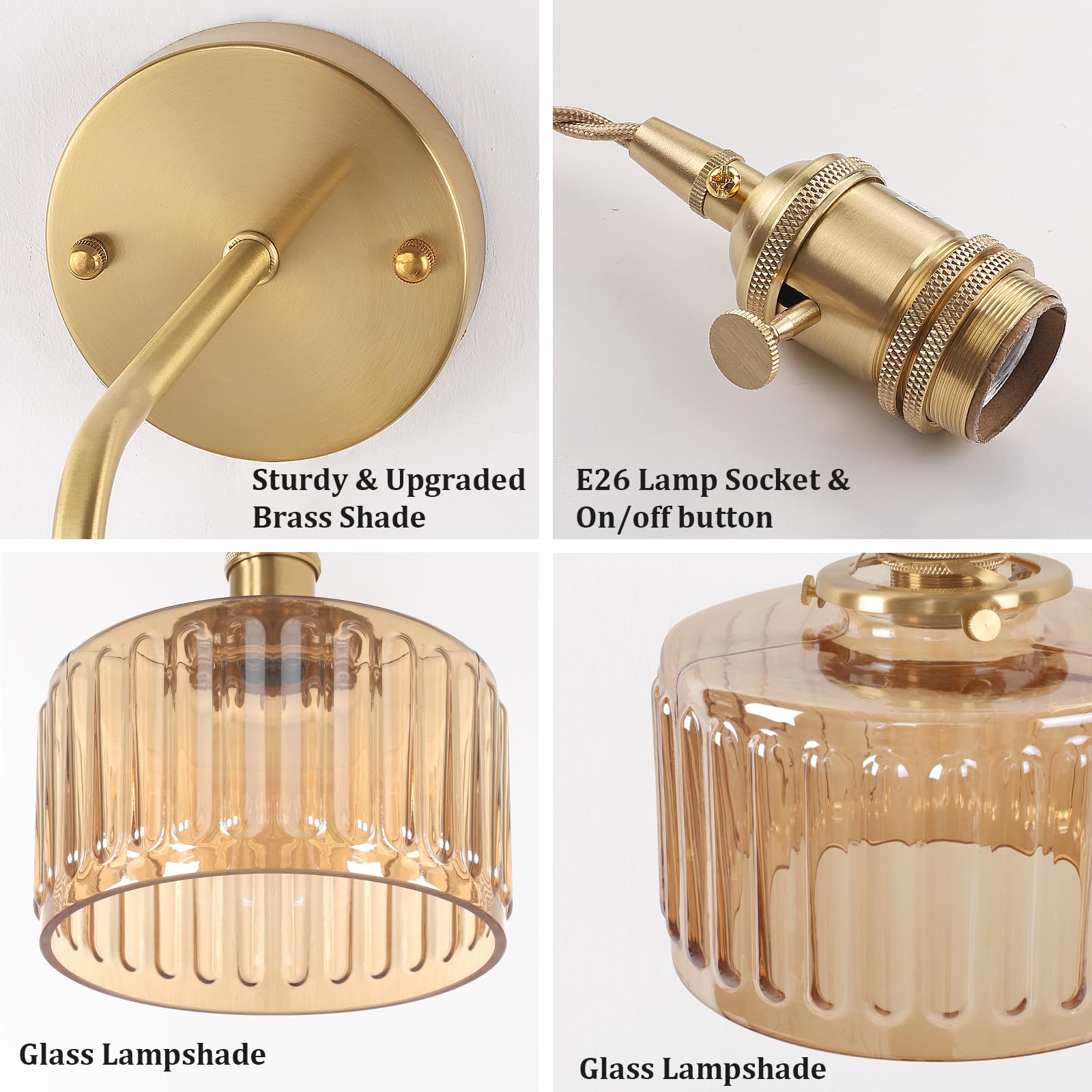 Shenmoyl Battery Operated Wall Sconce Retro Gold Amber Striped Glass 1-Pack Model 1-938
