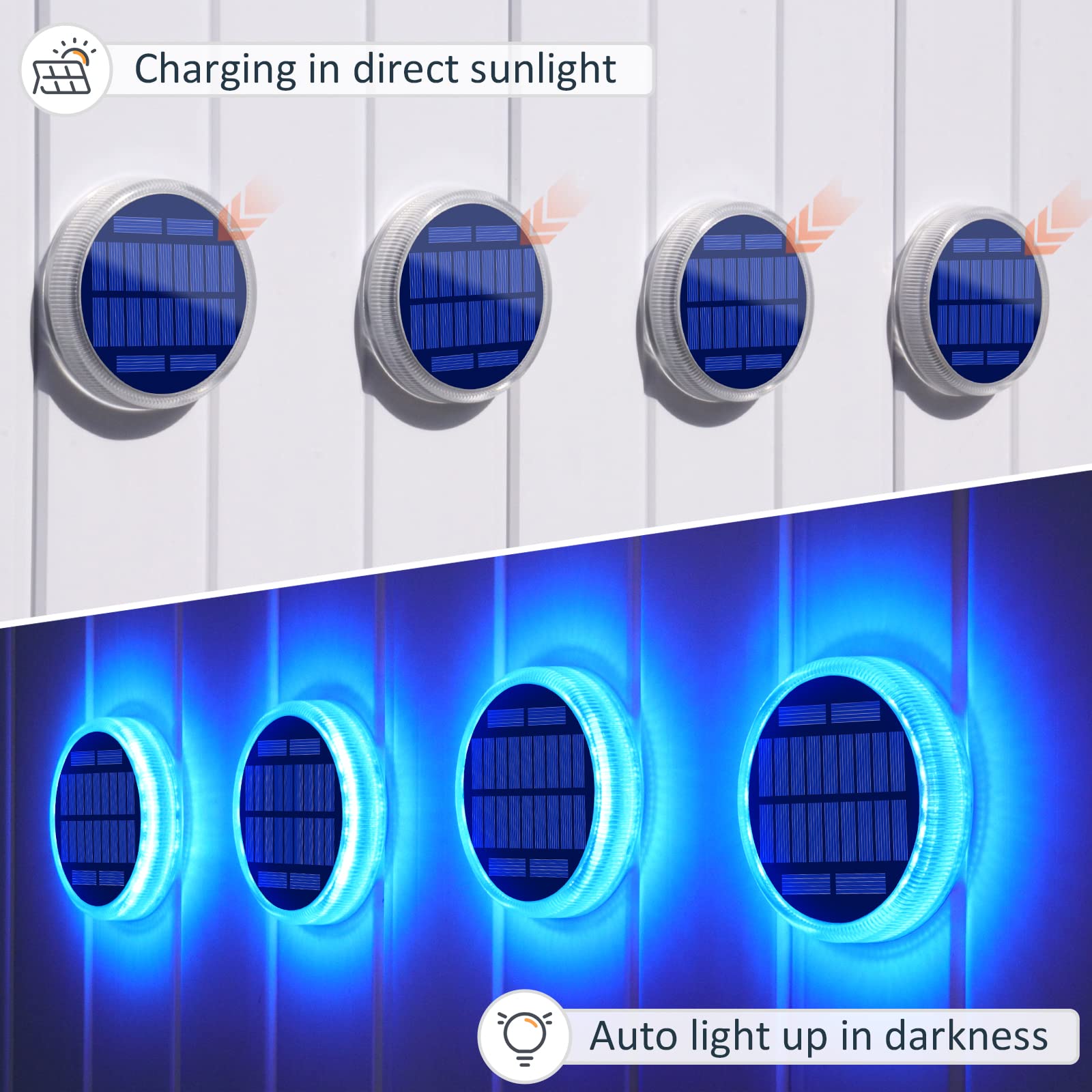 Blue Solar Deck Dock Lights Solar Powered, Step Warning Lights for Outside Driveway Sidewalk Garden Pathway Yard (4 Pack)