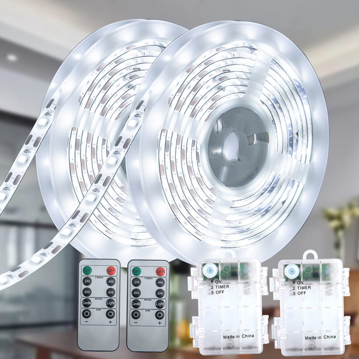 Junwen Battery Operated Led Strip Lights With Remote Daylight White, Timer, Dimmable, Waterproof, 13.2Ft 240 Led Light Strip Suitable For Stairs, Wardrobe, Kitchen, Bedroom, Party, 2 Pack Of 6.6Ft.