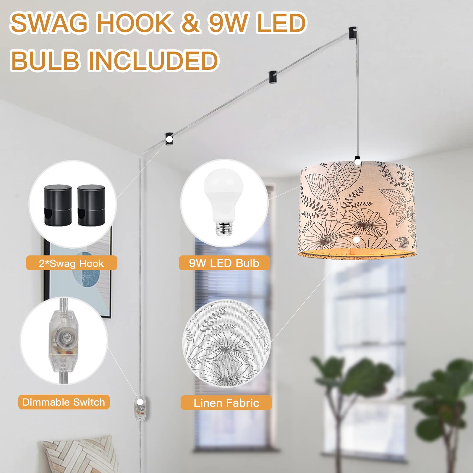 CINSARY Plug-in Pendant Light with Dimmable Switch, 15 ft Clear Cord, Linen Fabric, Flower Color, Bulb Included