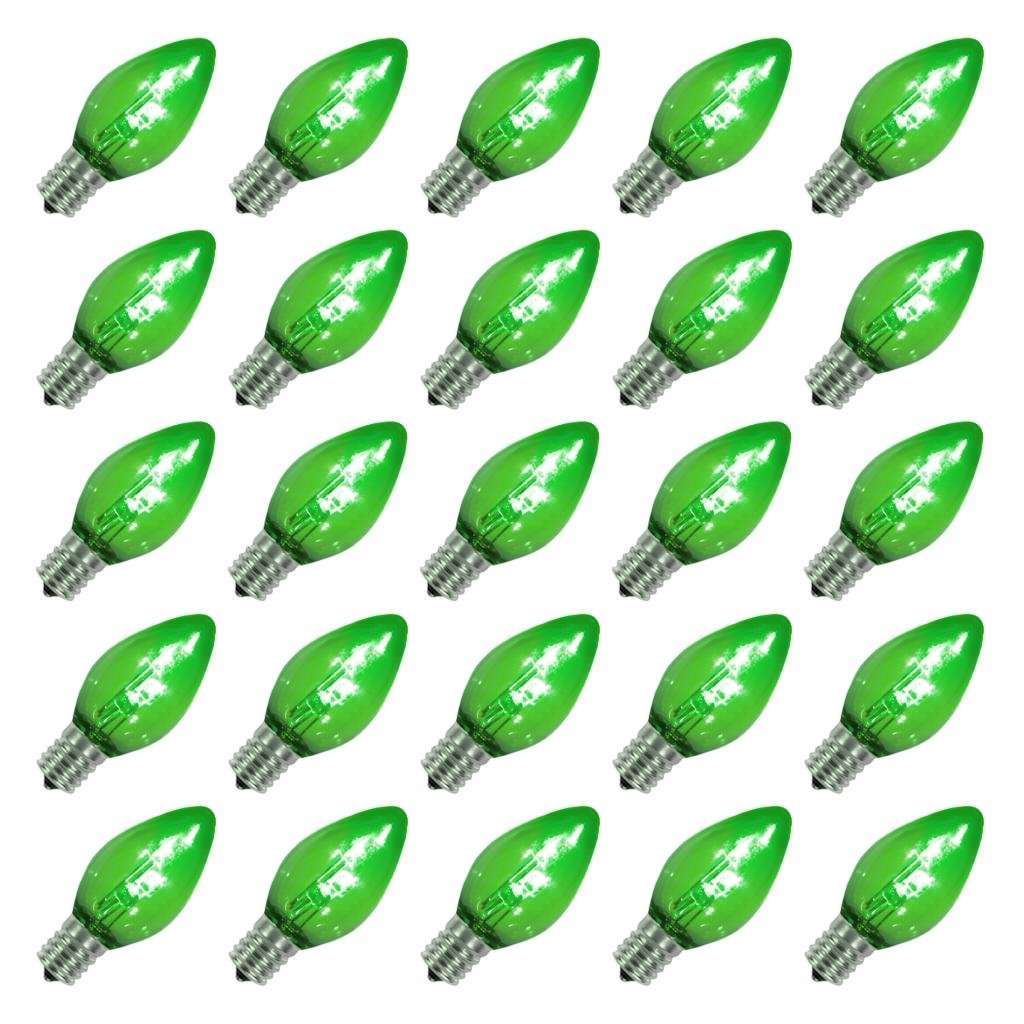 Vickerman C7 Twinkle Transparent Plastic Led Green Dimmable Bulb, E12 Nickel Base, 3 Diodes, .90Watts, 120Volts, 4 Lumens, 25 Per Case