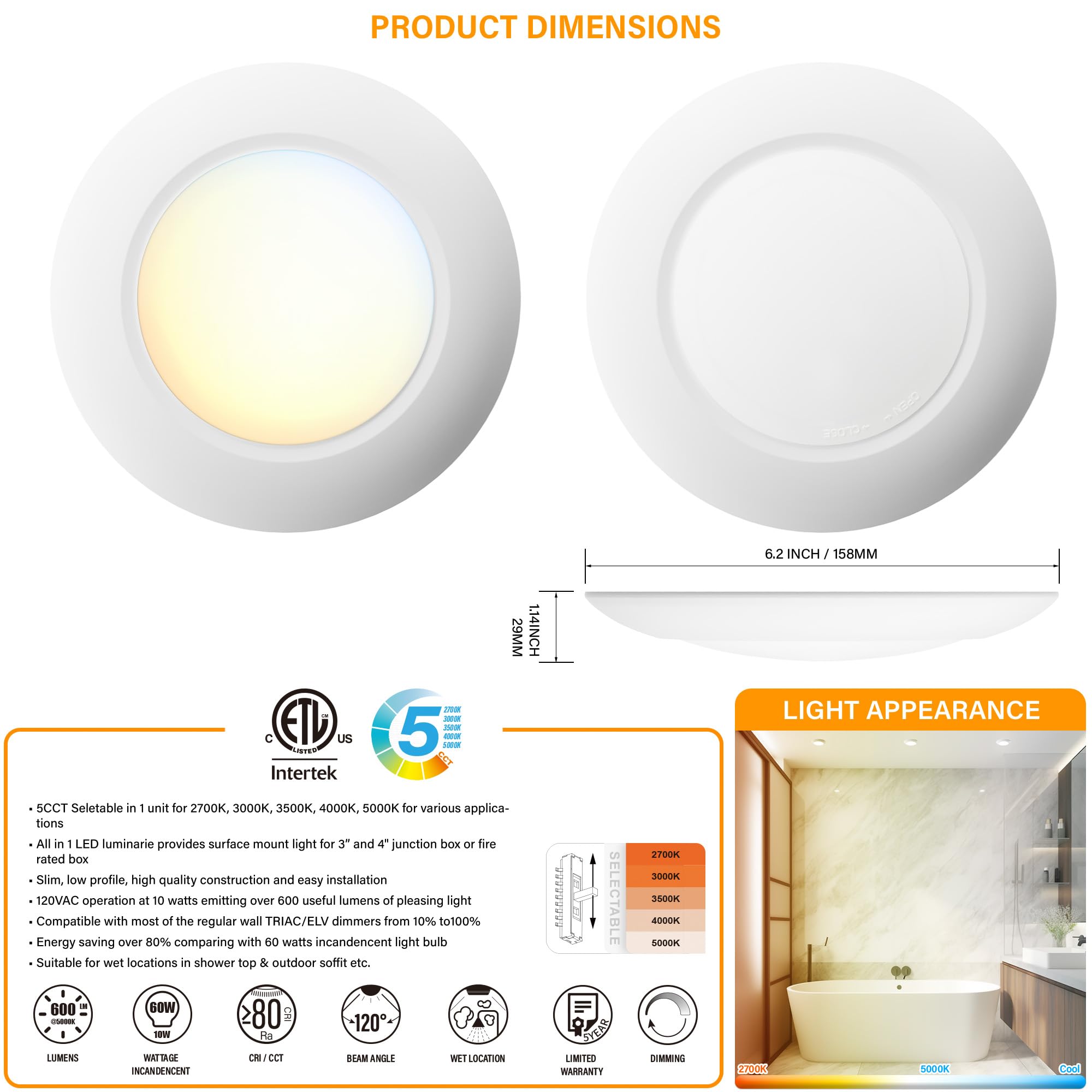 Jullison 10 Packs 4 Inch White Led Low Profile Recessed & Surface Mount Disk Light, Round, 10W, 600 Lumens, 5Cct Field Selectabl