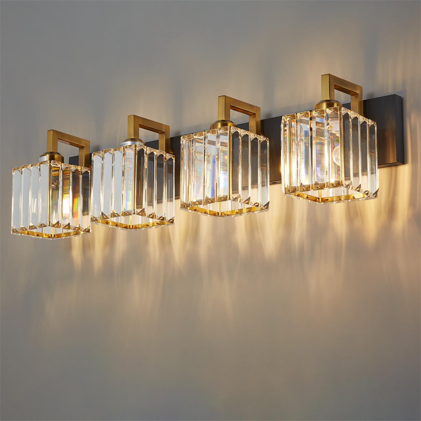 Fdpby Modern Crystal Bathroom Vanity Light 4-Lights Black Gold Modern Crystal Wall Lamp Bathroom Modern Crystal Vanity Lighting