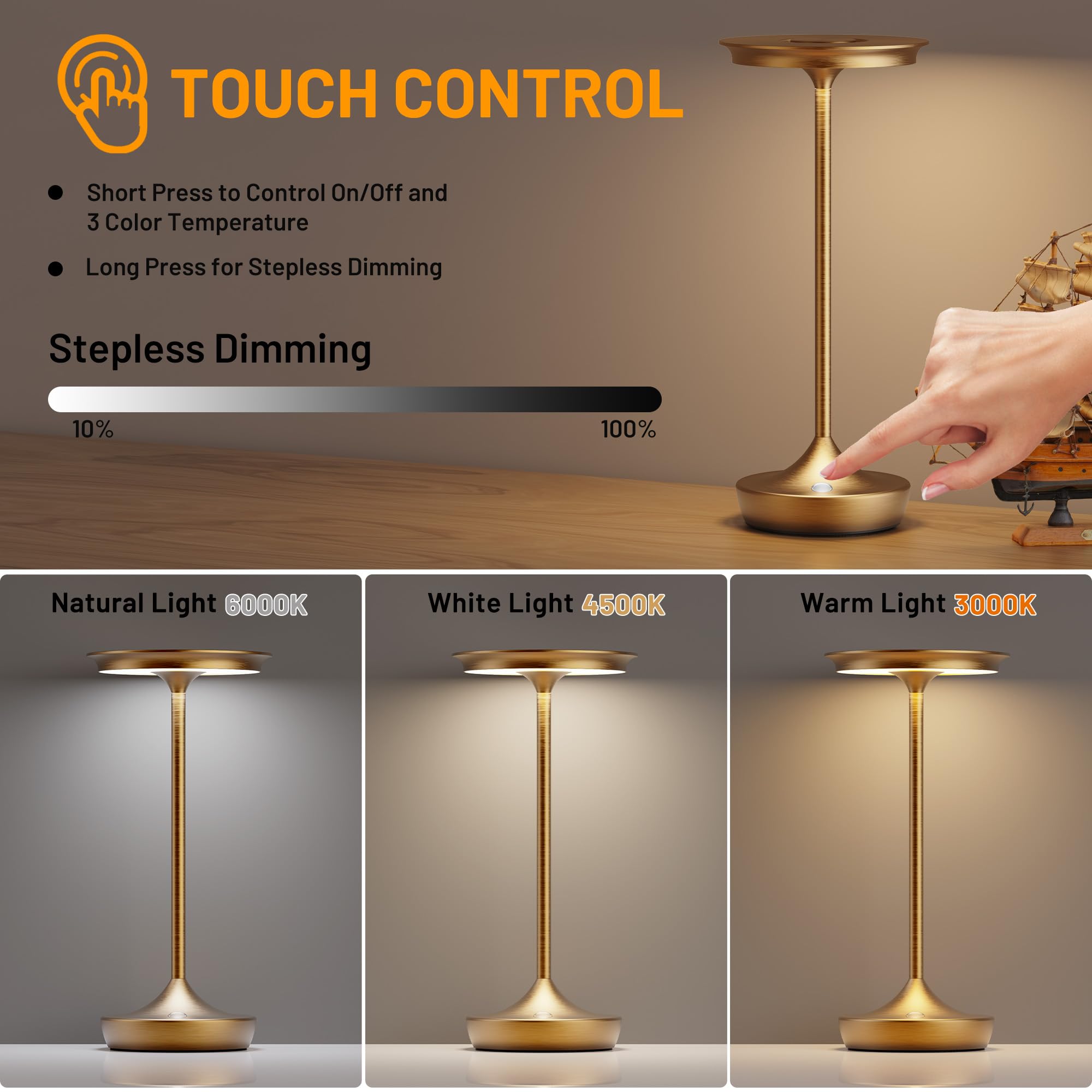 SHANGCAI LED Rechargeable Cordless Table Lamp - Portable 3-Color Dimming Light, Battery Operated, Bronze Finish for Outdoor & Indoor Use