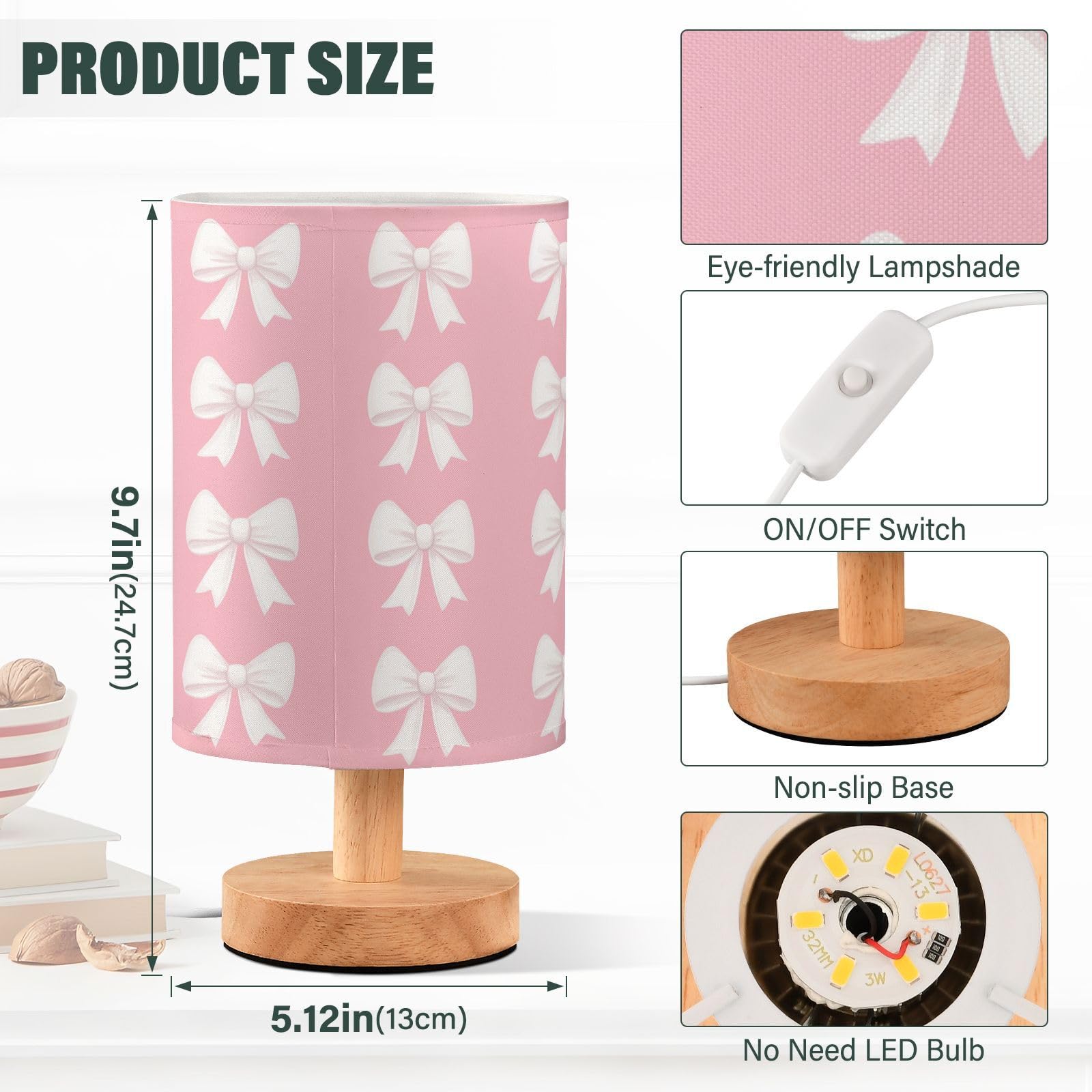 Oarencol Bedside Table Lamp Cute White Bow Pink Nightstand Lamp With Wood Desk Lamps For Bedroom Living Room Nursery Office Home